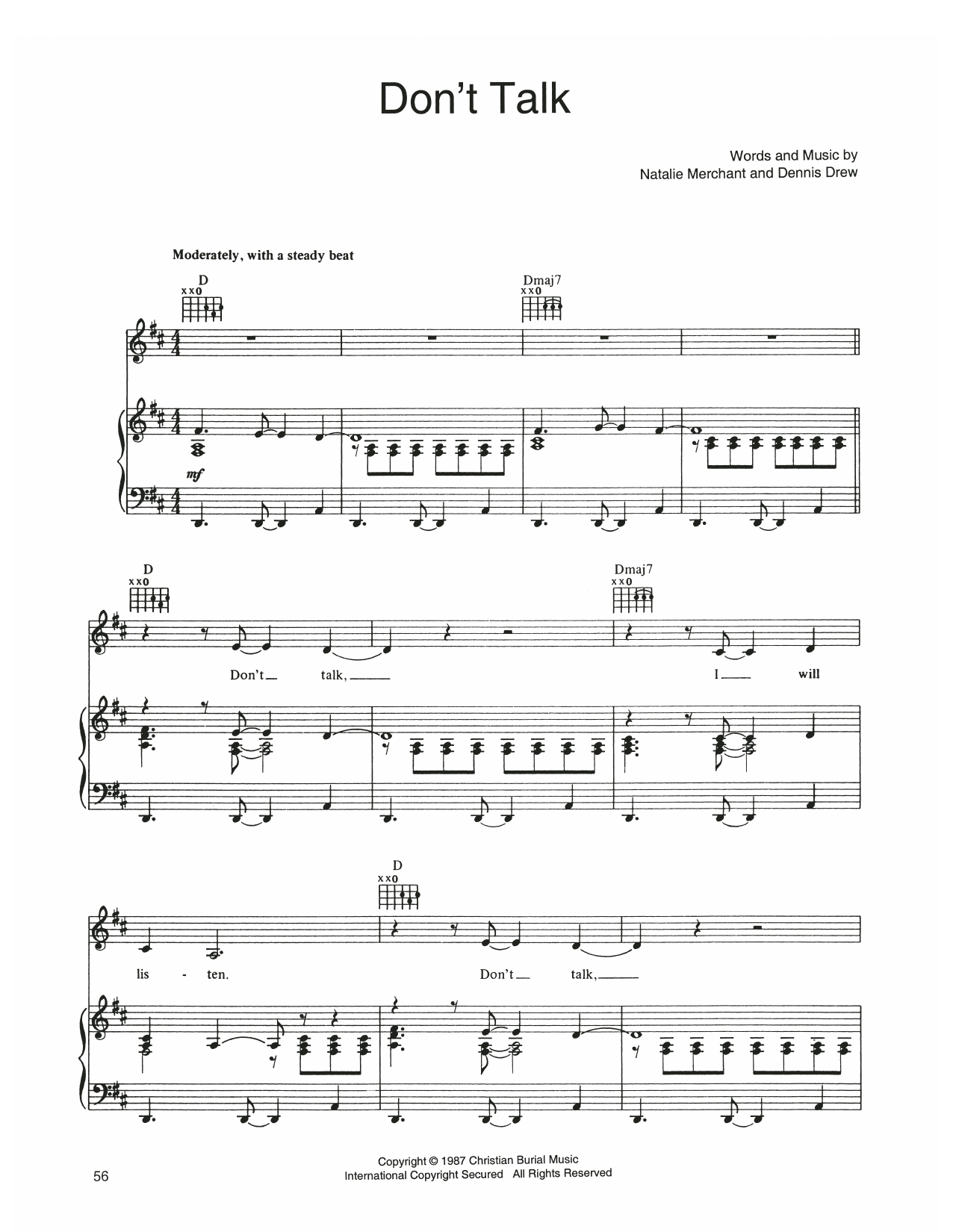 10,000 Maniacs Don't Talk sheet music notes and chords arranged for Piano, Vocal & Guitar Chords (Right-Hand Melody)