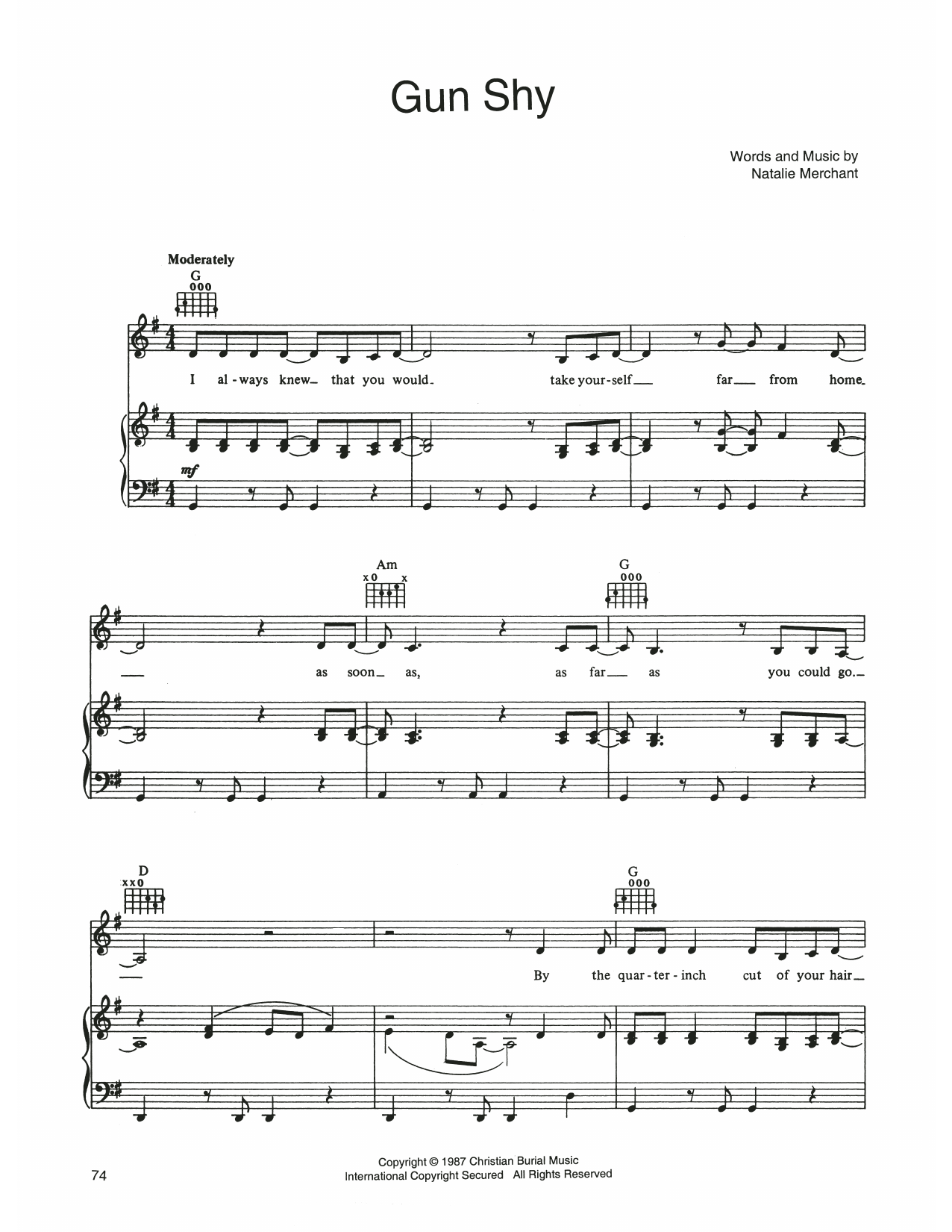 10,000 Maniacs Gun Shy sheet music notes and chords arranged for Piano, Vocal & Guitar Chords (Right-Hand Melody)
