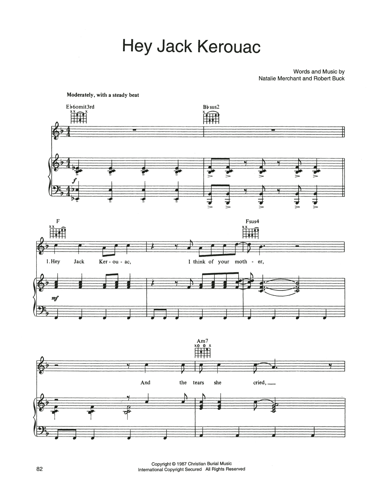 10,000 Maniacs Hey Jack Kerouac sheet music notes and chords arranged for Piano, Vocal & Guitar Chords (Right-Hand Melody)
