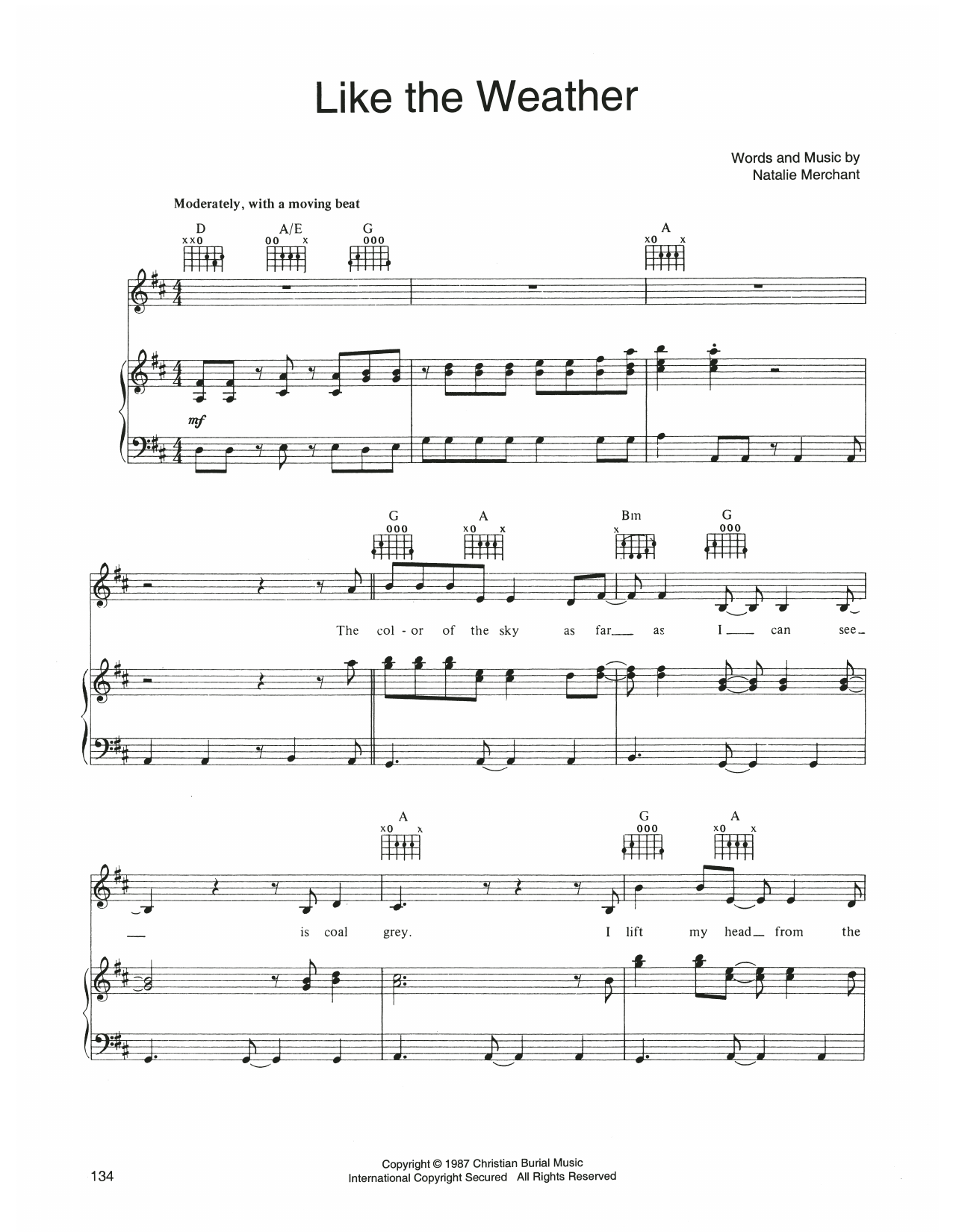 10,000 Maniacs Like The Weather sheet music notes and chords arranged for Piano, Vocal & Guitar Chords (Right-Hand Melody)