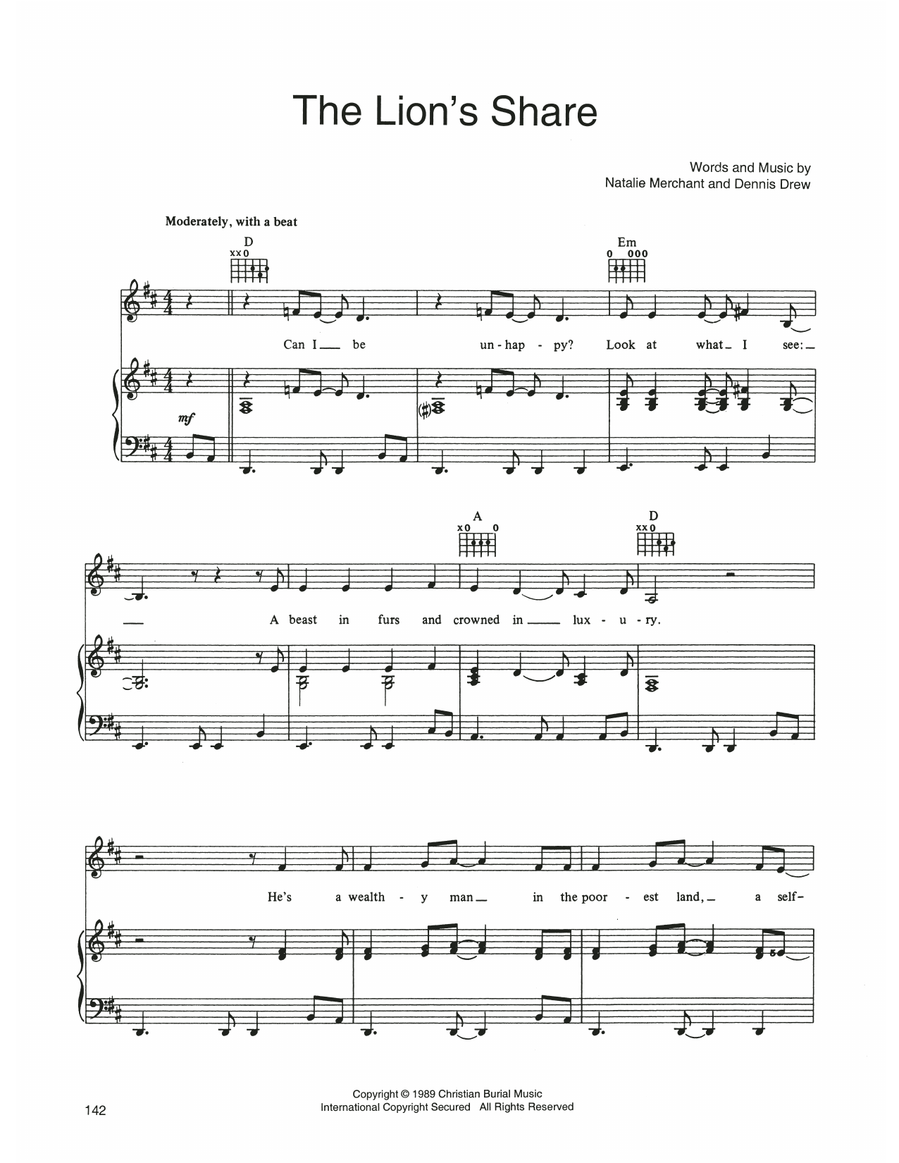 10,000 Maniacs The Lion's Share sheet music notes and chords arranged for Piano, Vocal & Guitar Chords (Right-Hand Melody)