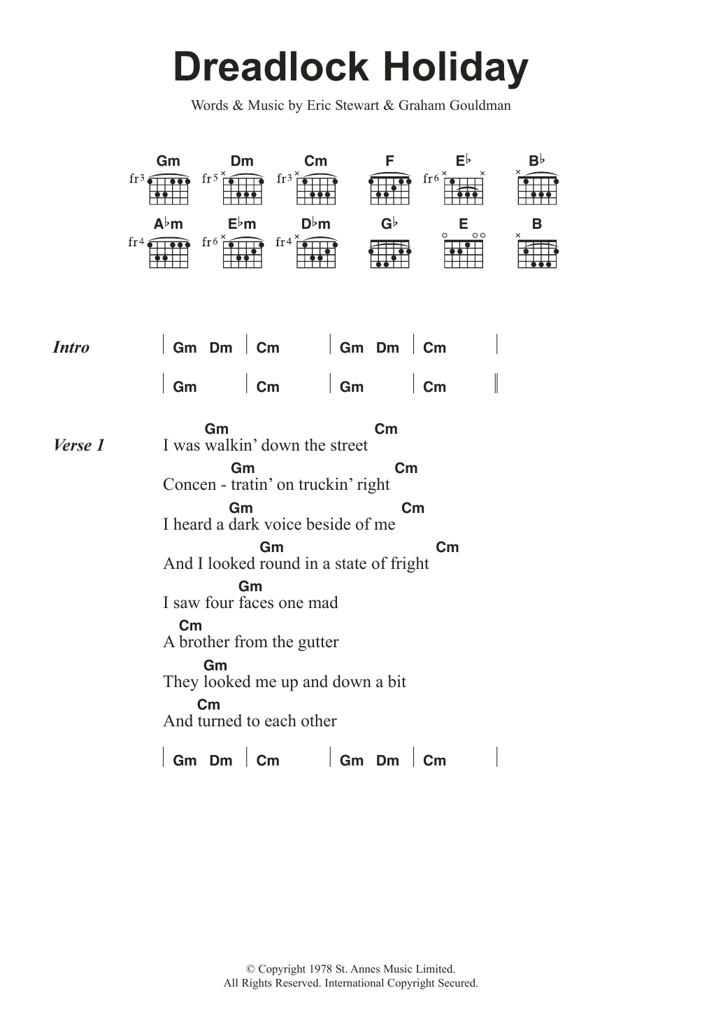 10cc Dreadlock Holiday sheet music notes and chords arranged for Guitar Chords/Lyrics