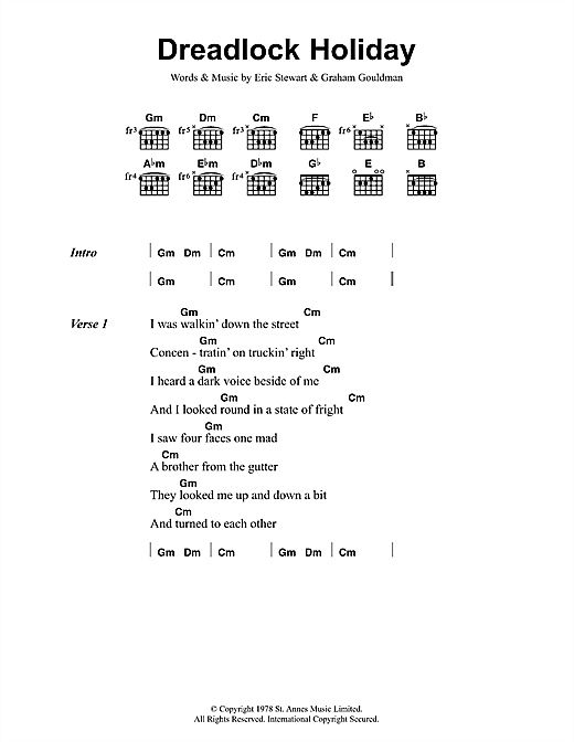 10cc Dreadlock Holiday sheet music notes and chords arranged for Guitar Chords/Lyrics