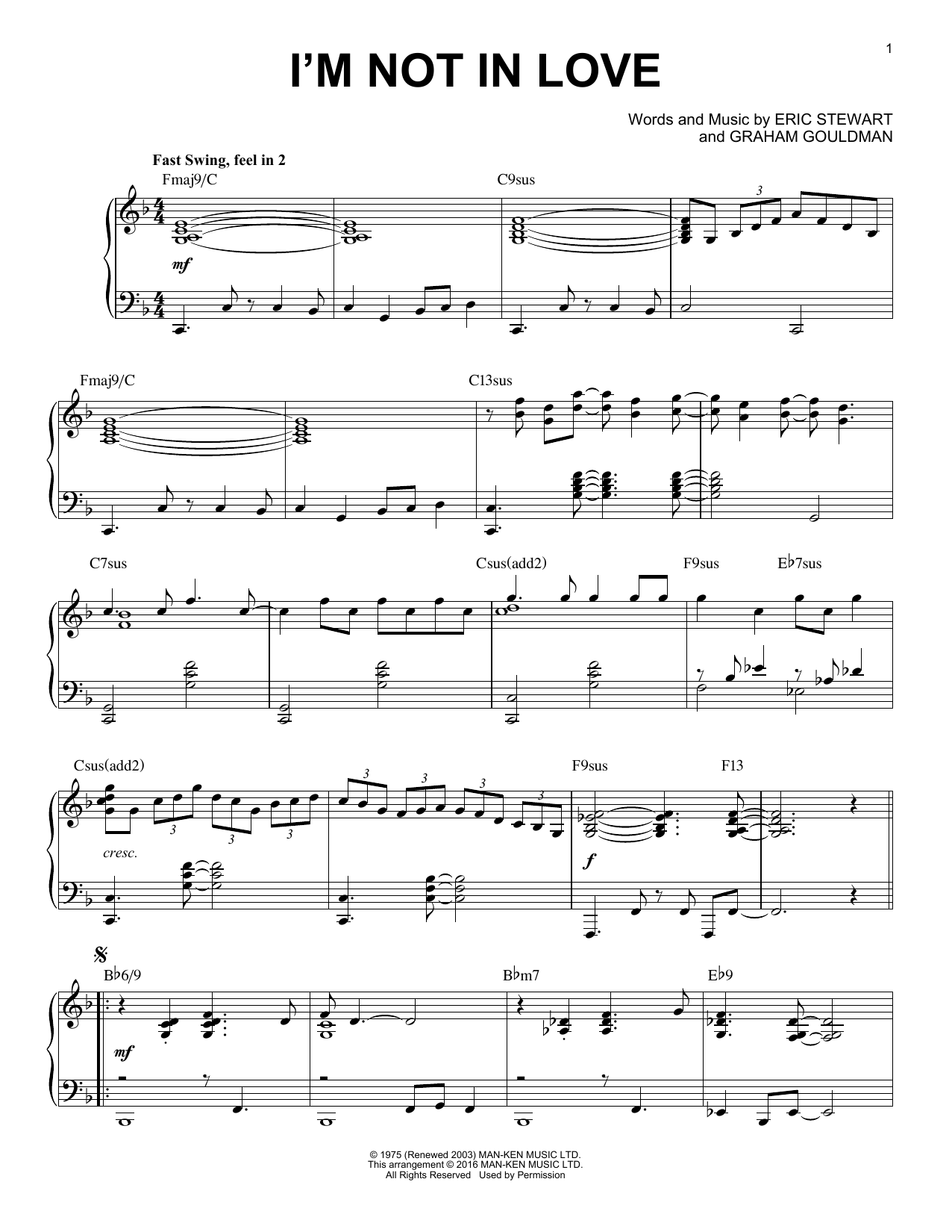 10Cc I'm Not In Love [Jazz version] (arr. Brent Edstrom) sheet music notes and chords arranged for Piano Solo