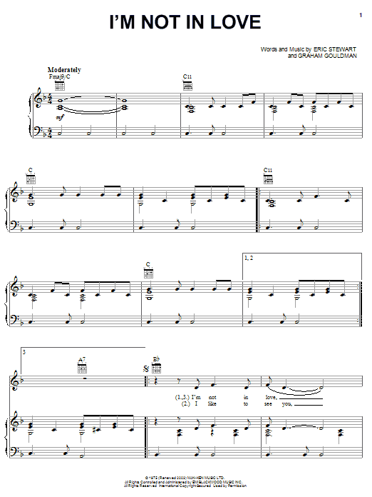 10cc I'm Not In Love sheet music notes and chords arranged for Ukulele