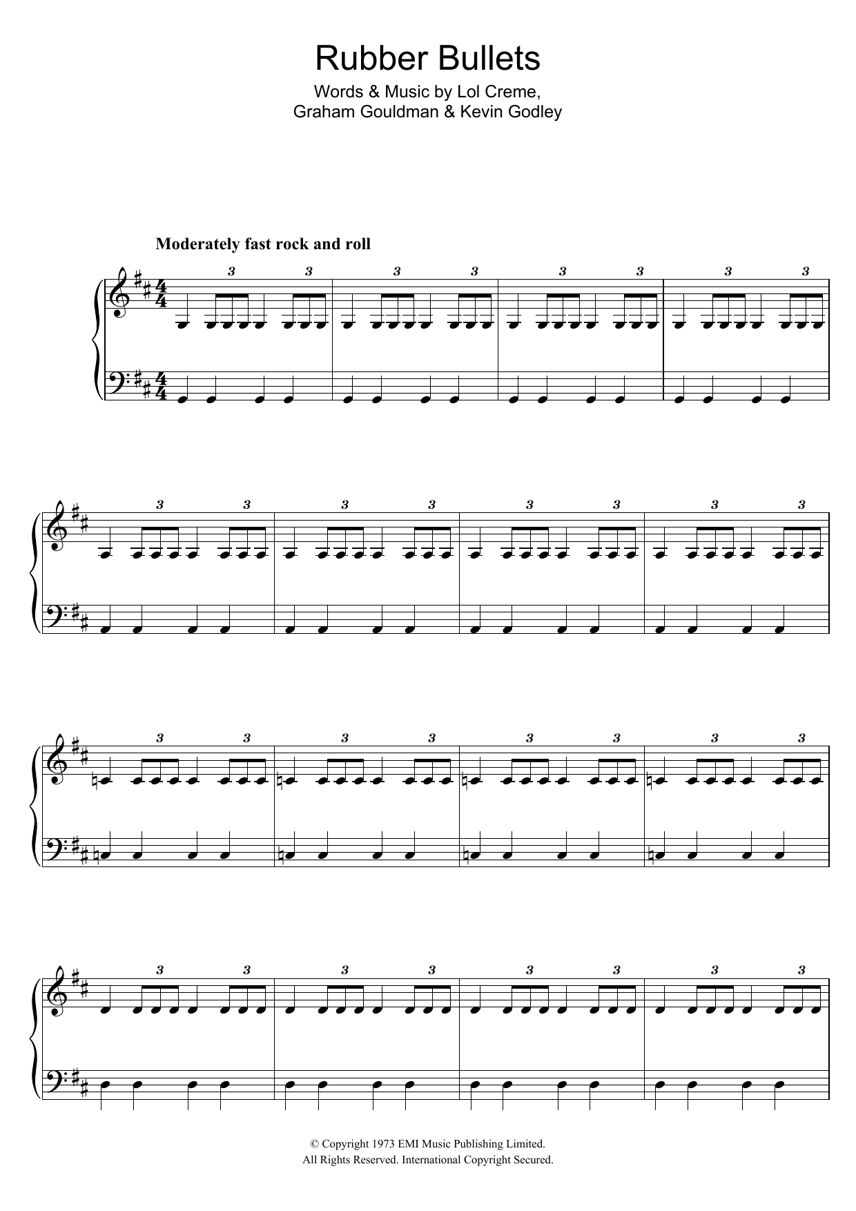 10Cc Rubber Bullets sheet music notes and chords arranged for Piano, Vocal & Guitar Chords