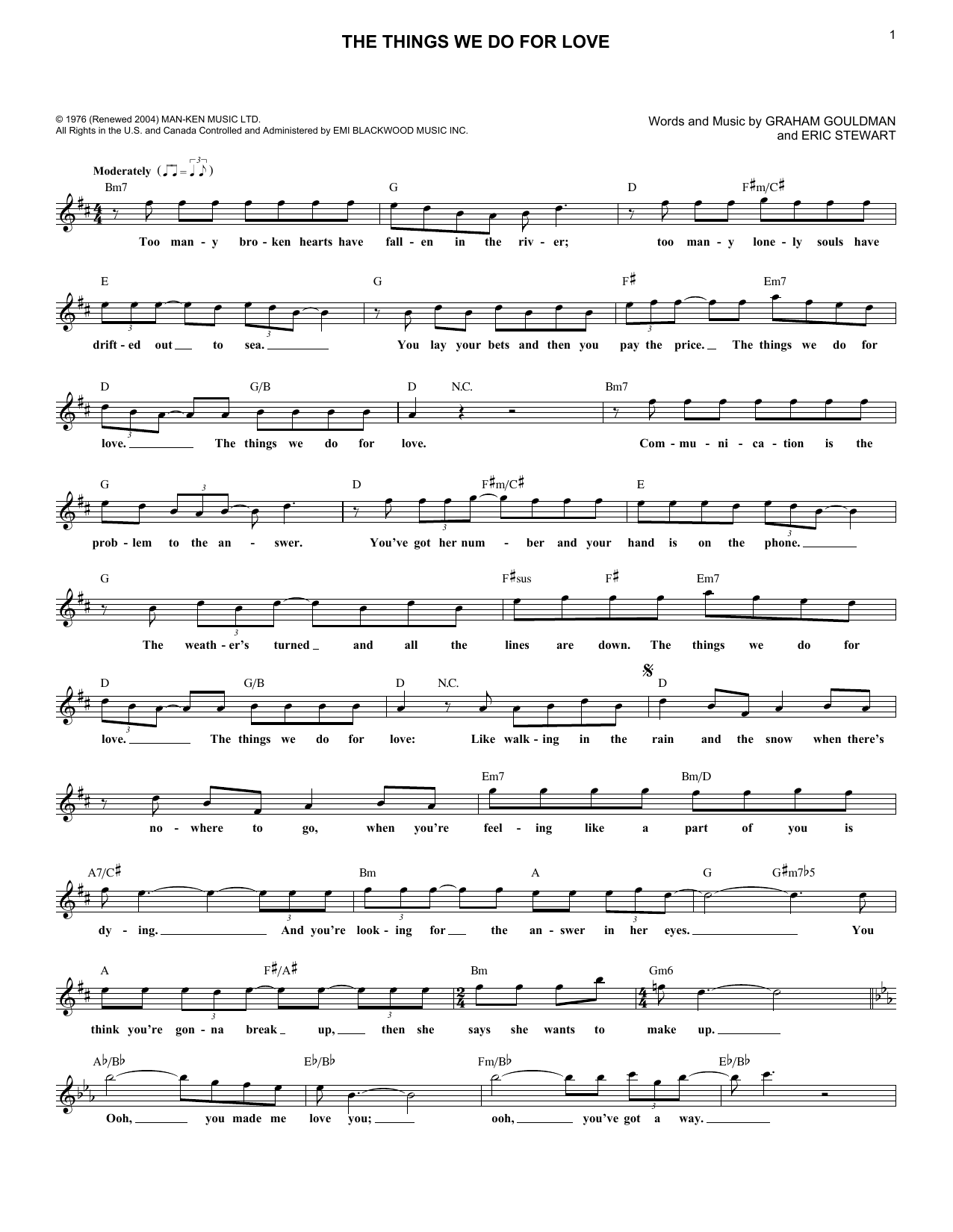 10Cc Things We Do For Love sheet music notes and chords arranged for Lead Sheet / Fake Book