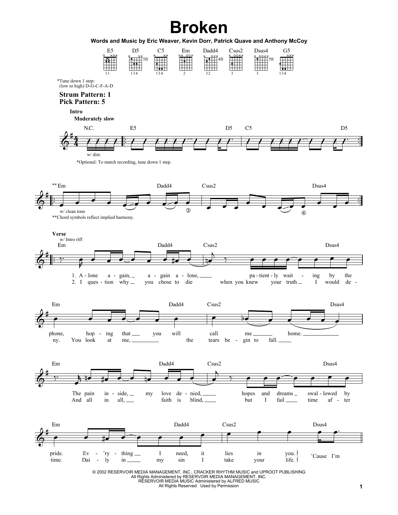12 Stones Broken sheet music notes and chords arranged for Easy Guitar