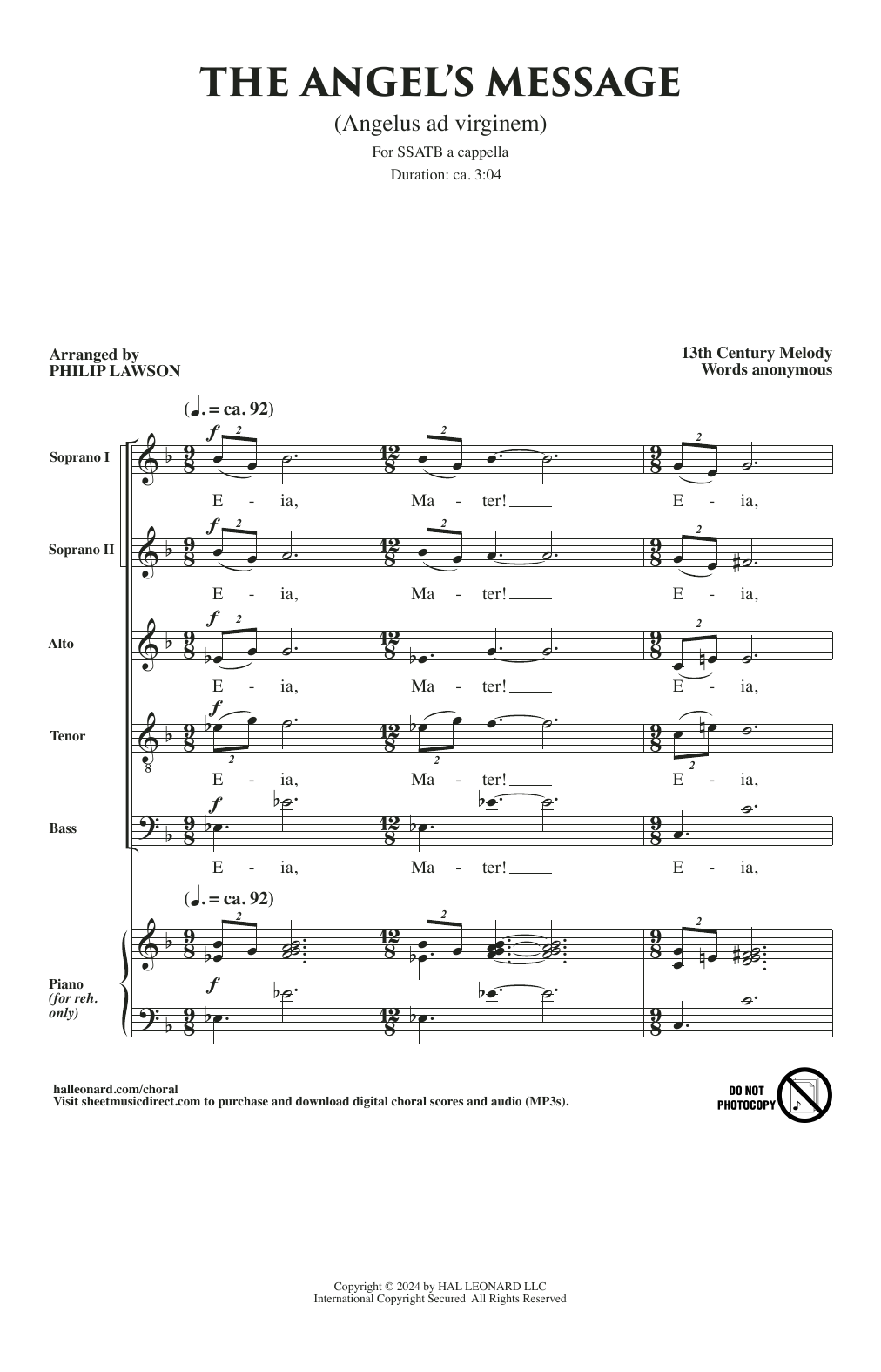 13th Century Melody The Angel's Message (Angelus Ad Virginem) (arr. Philip Lawson) sheet music notes and chords arranged for SSATB Choir