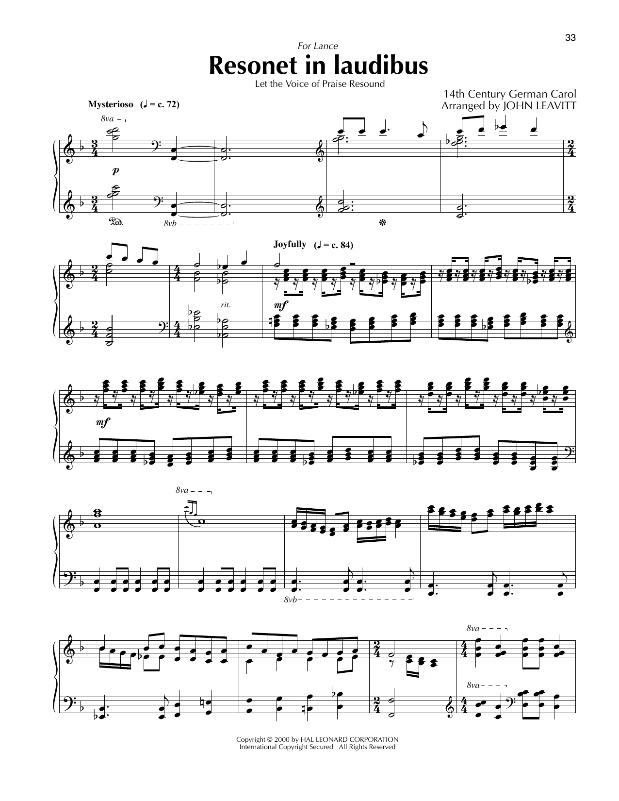 14th Century German Carol Resonet In Laudibus (arr. John Leavitt) sheet music notes and chords arranged for Piano Solo