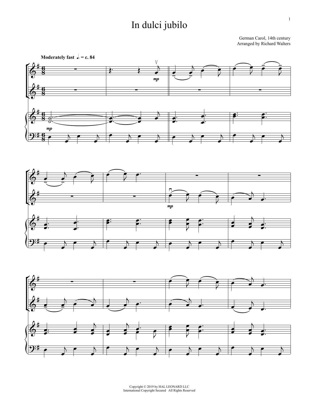 14th Century German Melody In Dulci Jubilo (for Violin Duet and Piano) sheet music notes and chords arranged for Violin and Piano