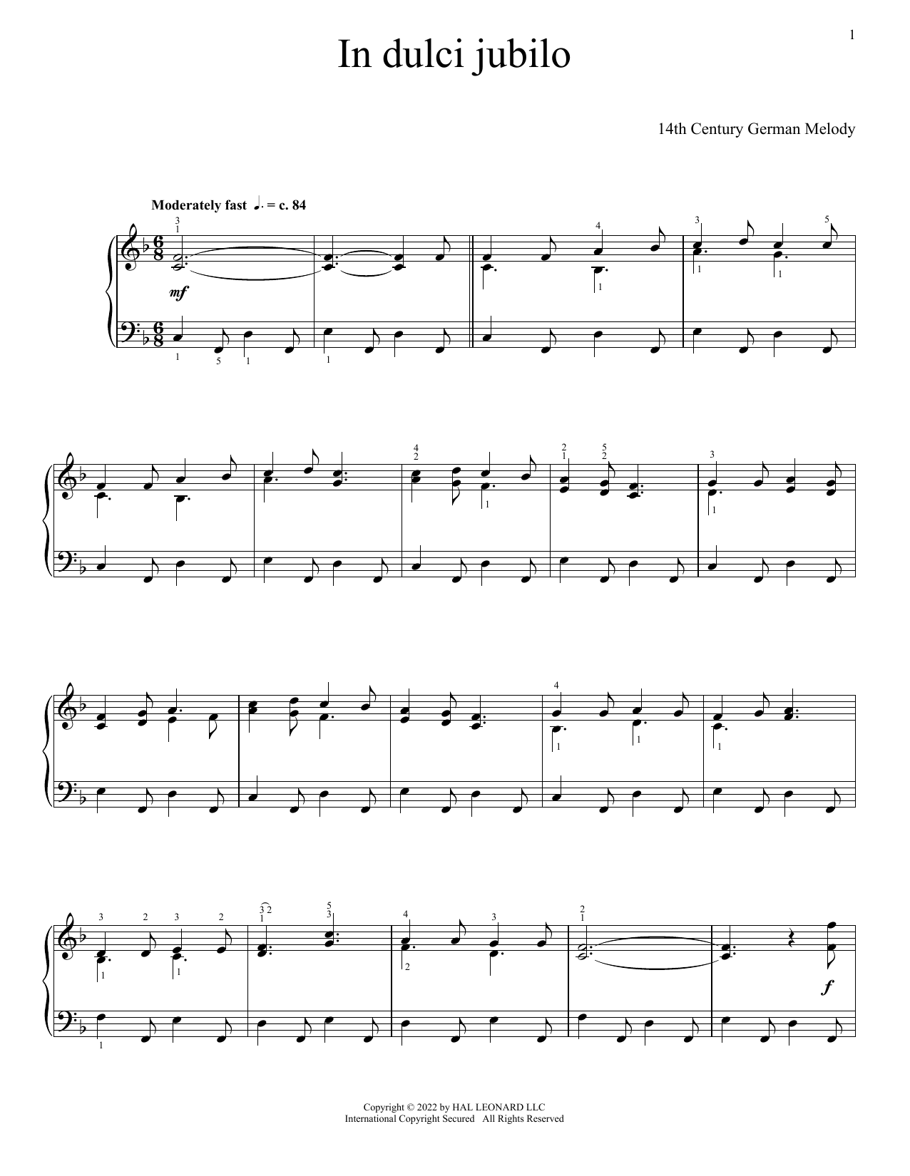14th Century German Melody In Dulci Jubilo sheet music notes and chords arranged for Piano Solo