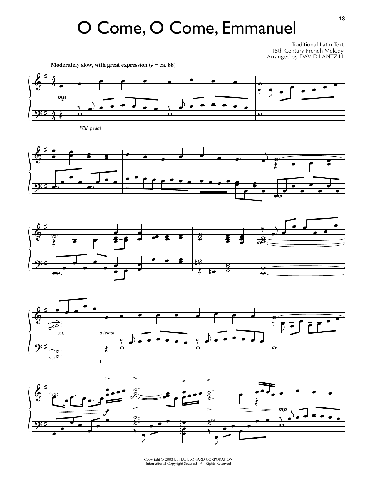 15th Century French Melody O Come, O Come, Emmanuel (arr. David Lantz III) sheet music notes and chords arranged for Piano Solo