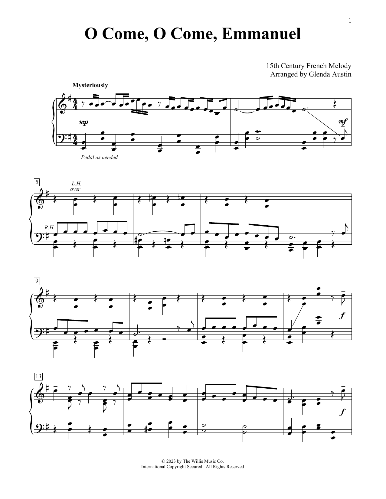 15th Century French Melody O Come, O Come, Emmanuel (arr. Glenda Austin) sheet music notes and chords arranged for Educational Piano