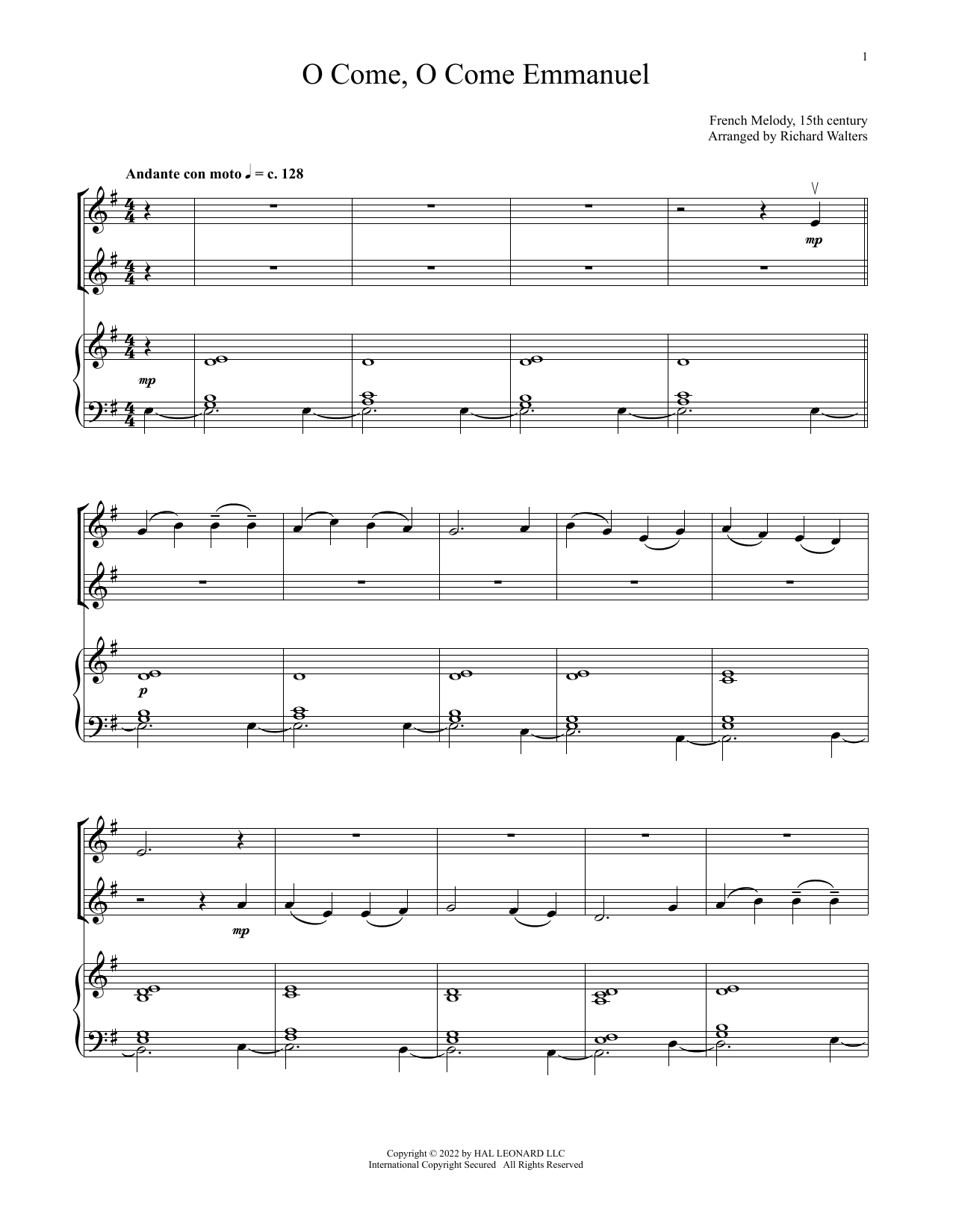 15th Century French Melody O Come, O Come, Emmanuel (for Violin Duet and Piano) sheet music notes and chords arranged for Violin and Piano