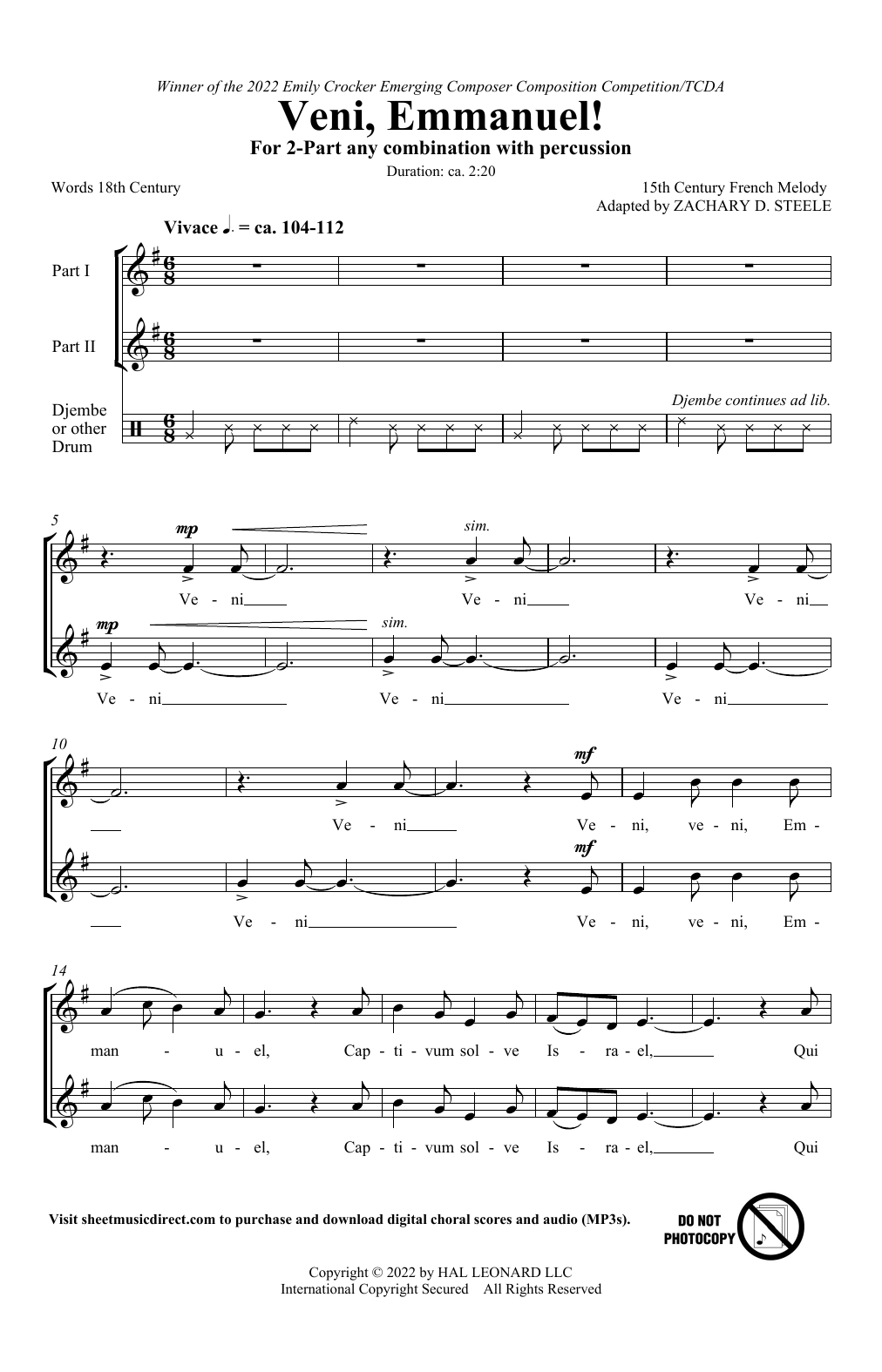 15th Century French Melody Veni, Emmanuel! (arr. Zachary Steele) sheet music notes and chords arranged for 2-Part Choir