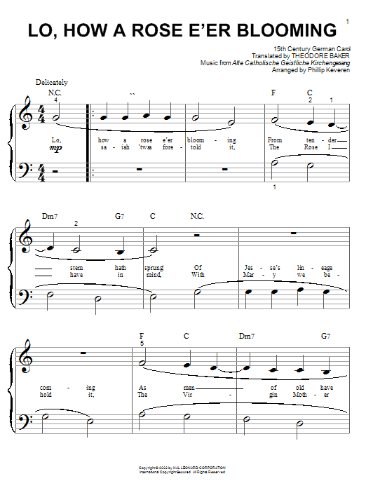 15th Century German Carol Lo, How A Rose E'er Blooming (arr. Phillip Keveren) sheet music notes and chords arranged for Big Note Piano