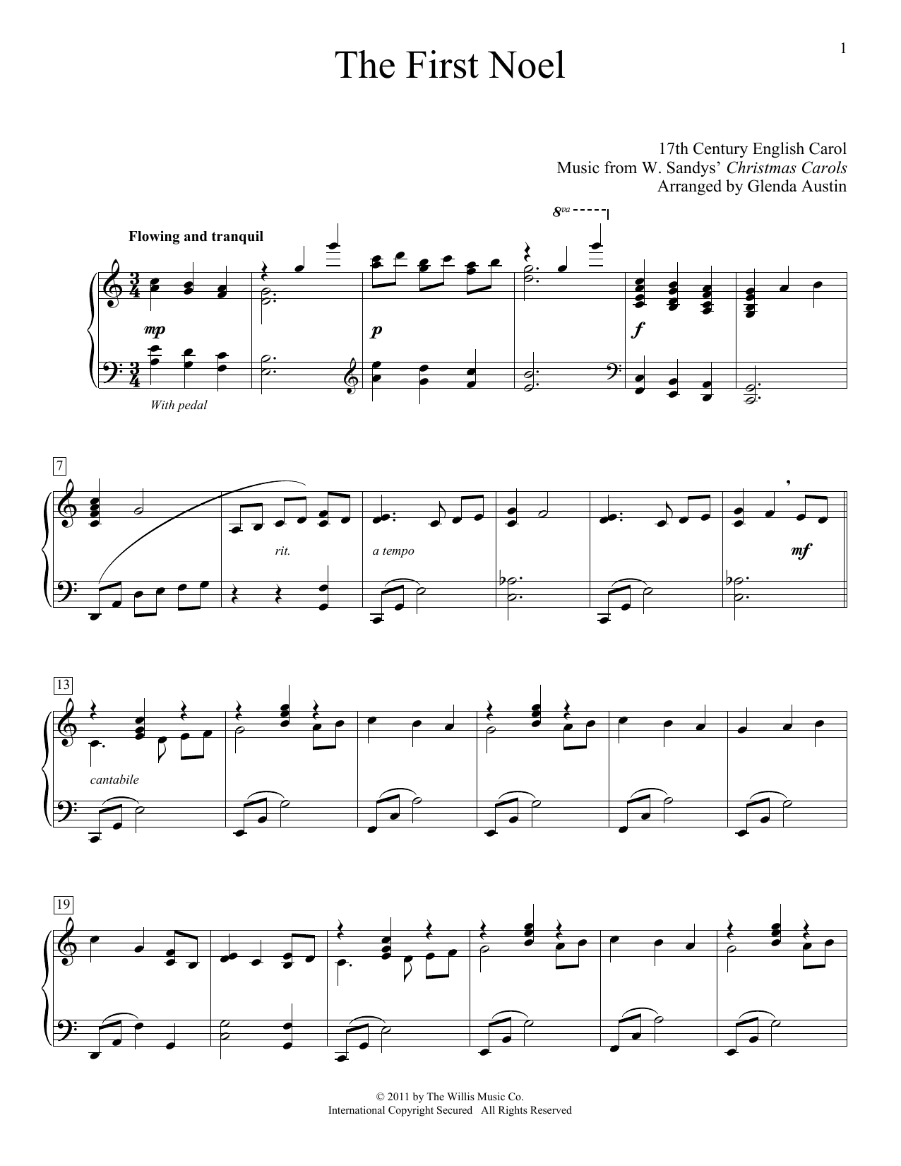 17th Century English Carol The First Noel (arr. Glenda Austin) sheet music notes and chords arranged for Piano Solo