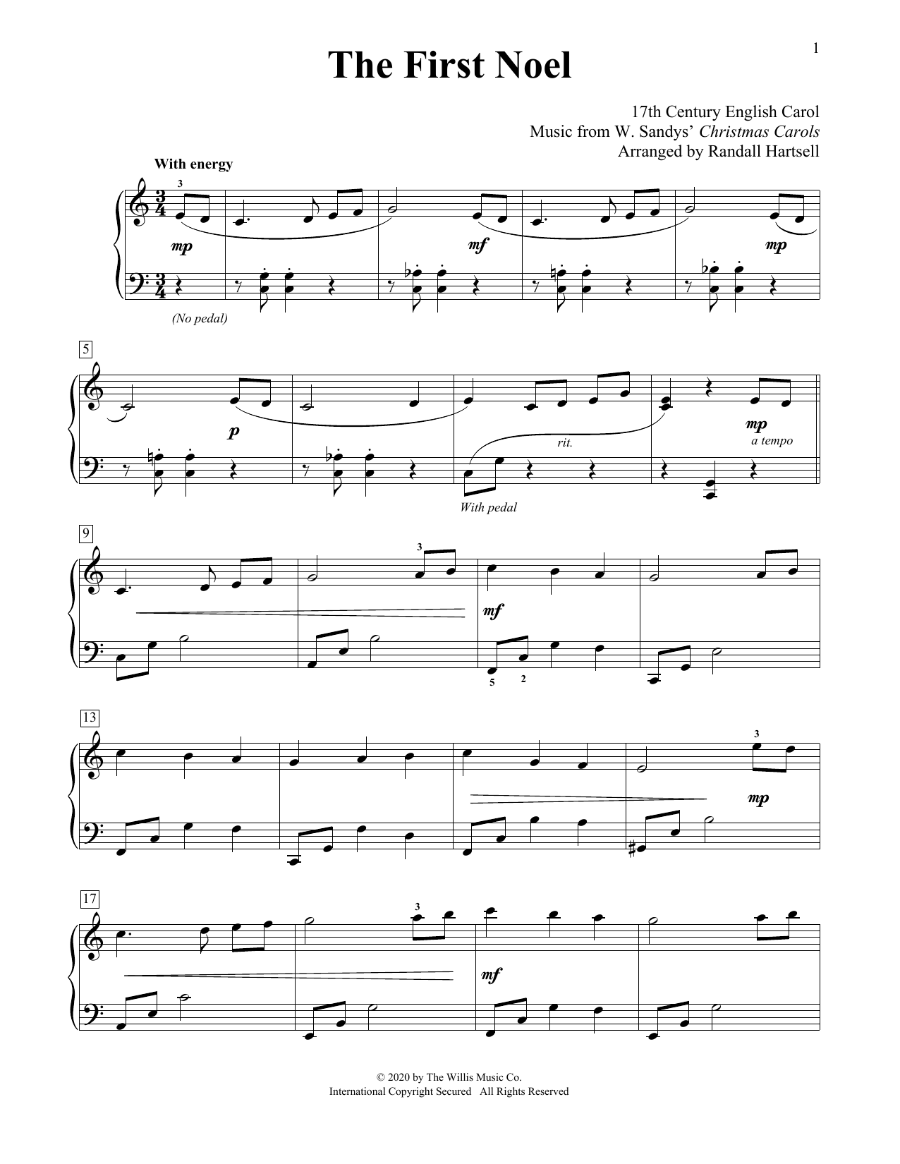 17th Century English Carol The First Noel (arr. Randall Hartsell) sheet music notes and chords arranged for Educational Piano