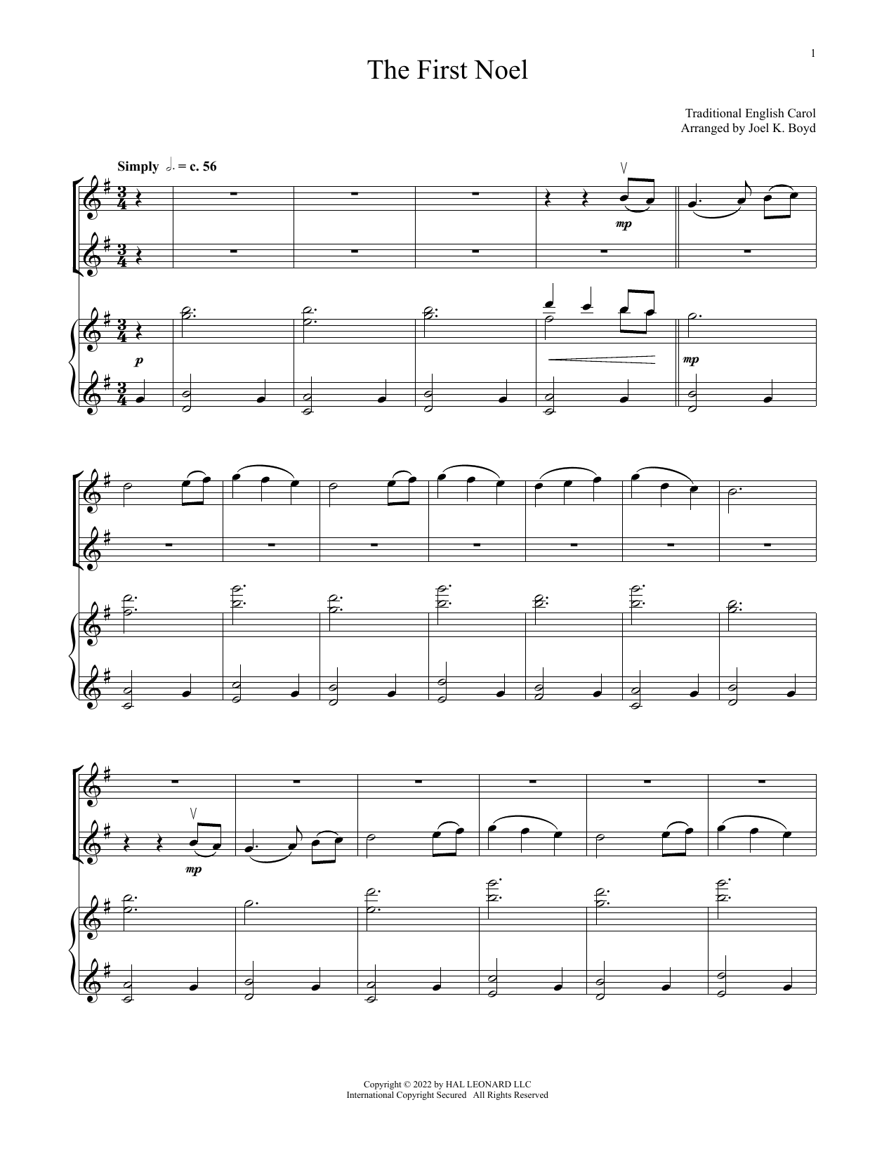 17th Century English Carol The First Noel (for Violin Duet and Piano) sheet music notes and chords arranged for Violin and Piano