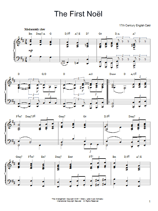 17th Century English Carol The First Noel sheet music notes and chords arranged for Piano Solo