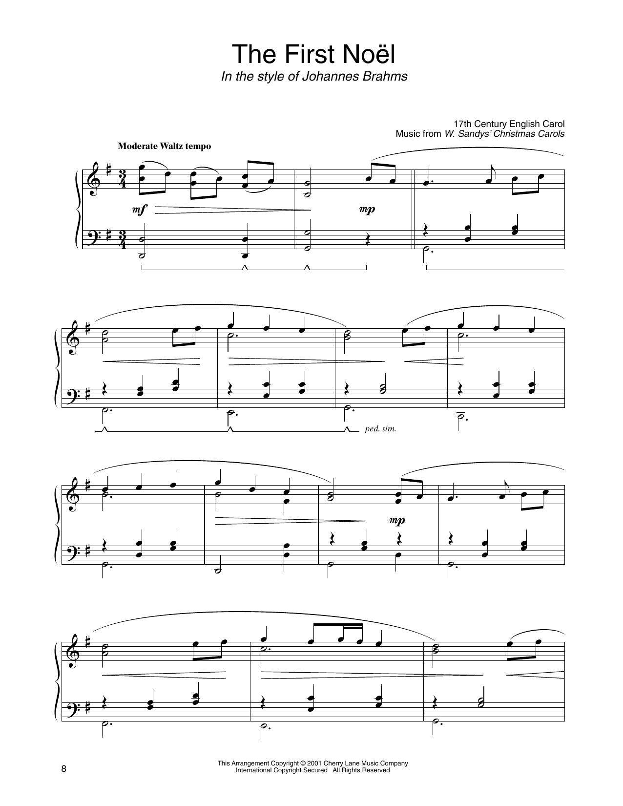 17th Century English Carol The First Noel (in the style of Johannes Brahms) (arr. Carol Klose) sheet music notes and chords arranged for Piano Solo