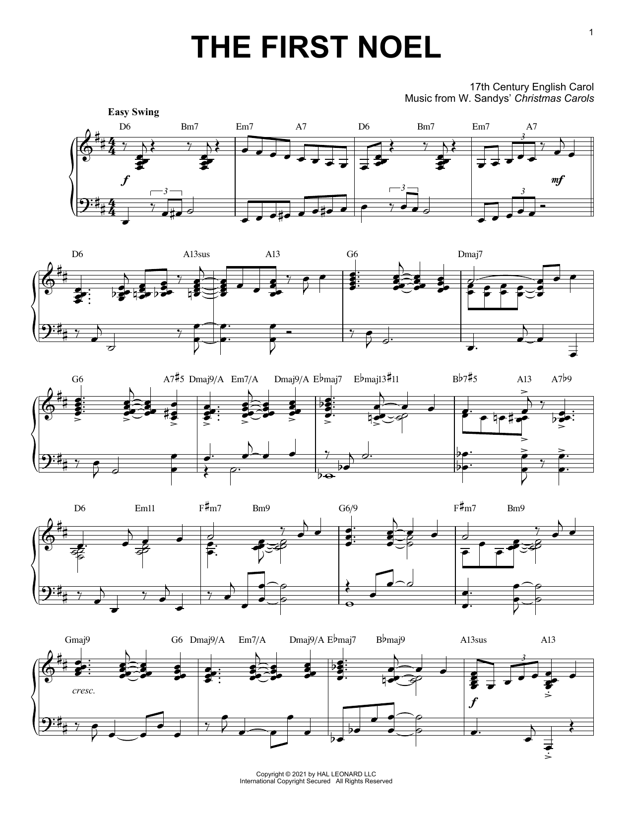17th Century English Carol The First Noel [Jazz version] (arr. Brent Edstrom) sheet music notes and chords arranged for Piano Solo