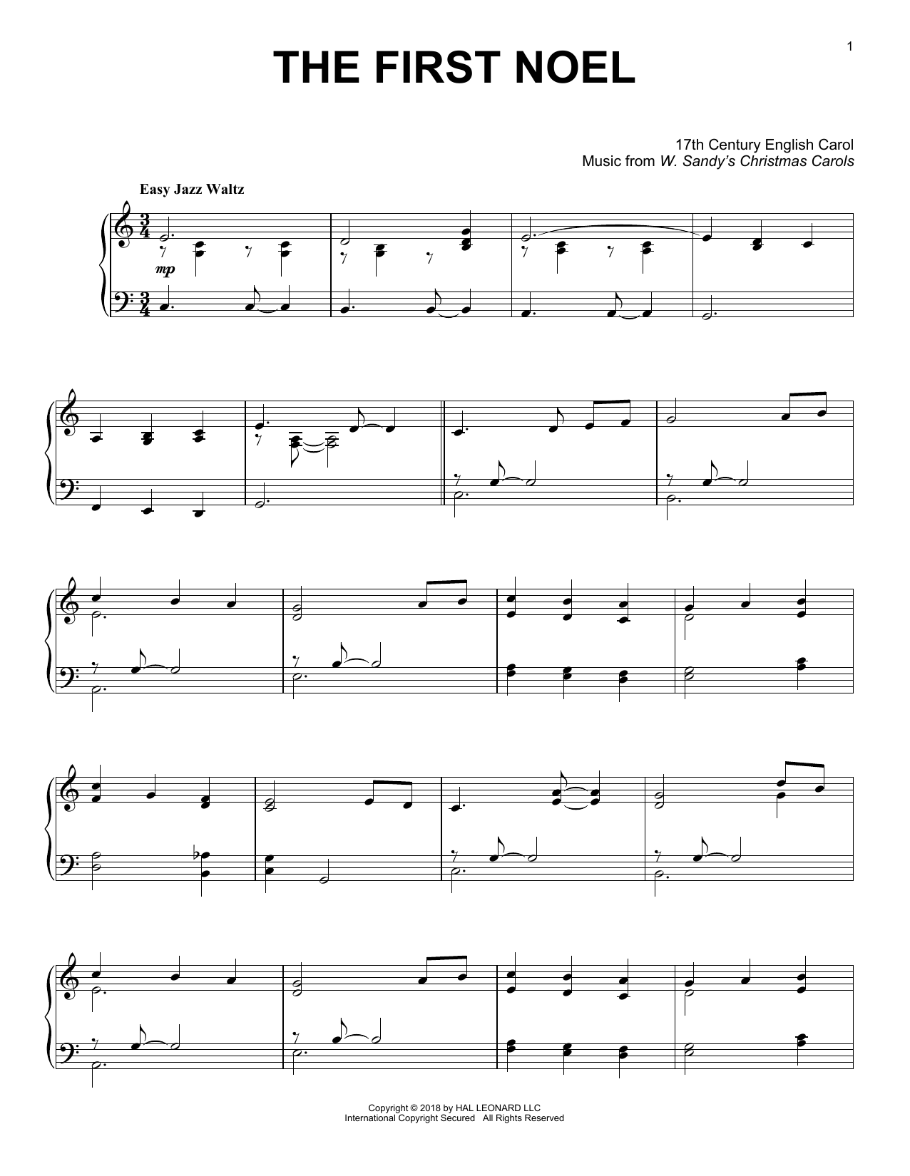 17th Century English Carol The First Noel [Jazz version] sheet music notes and chords arranged for Piano Solo
