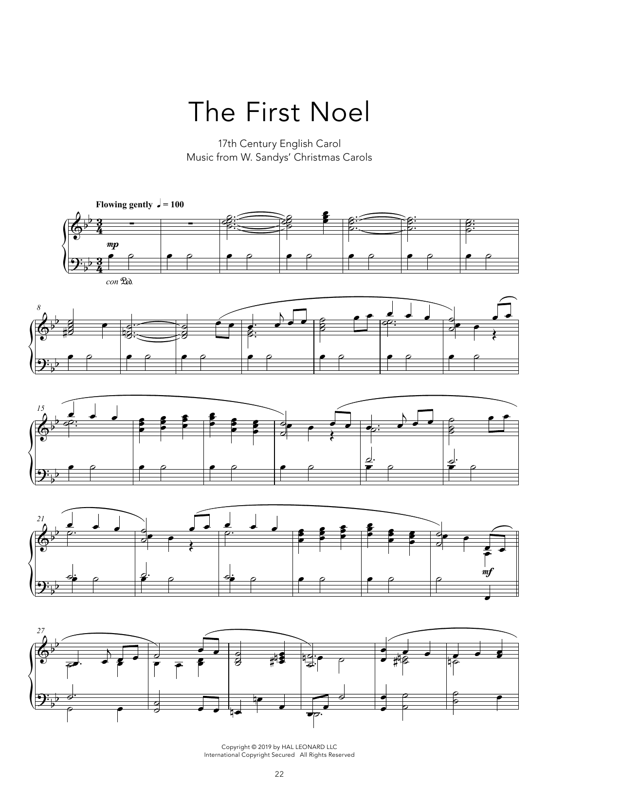 17th Century English Carol The First Noel [Peaceful version] sheet music notes and chords arranged for Piano Solo
