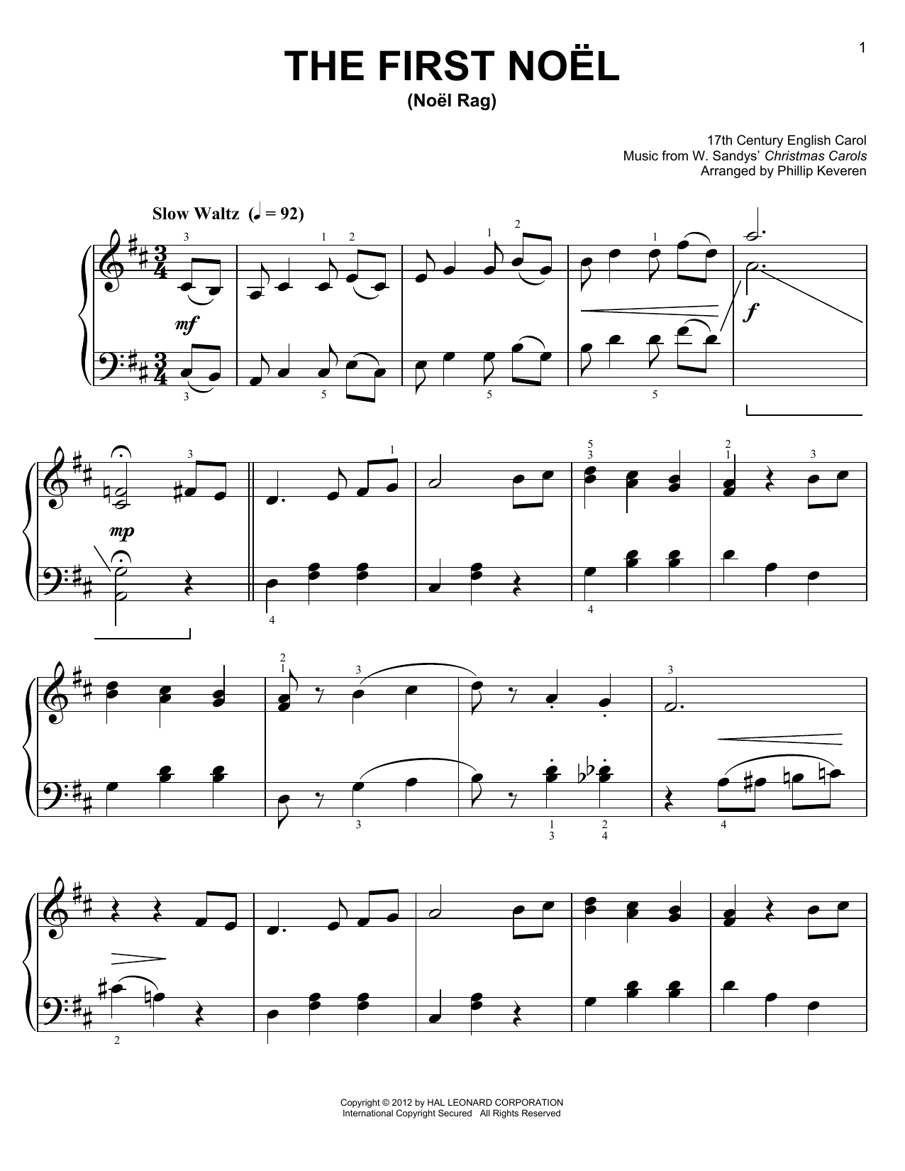 17th Century English Carol The First Noel [Ragtime version] (arr. Phillip Keveren) sheet music notes and chords arranged for Easy Piano
