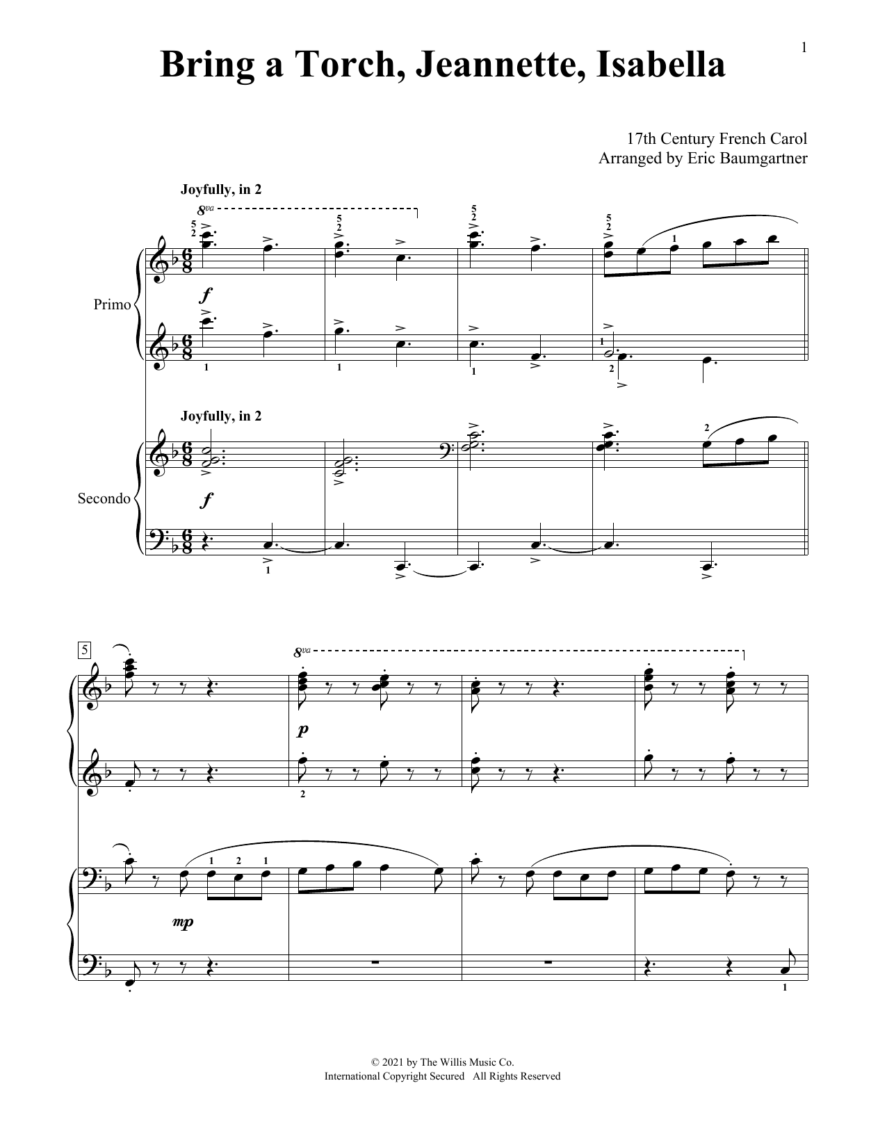 17th Century French Carol Bring A Torch, Jeannette, Isabella (arr. Eric Baumgartner) sheet music notes and chords arranged for Piano Duet