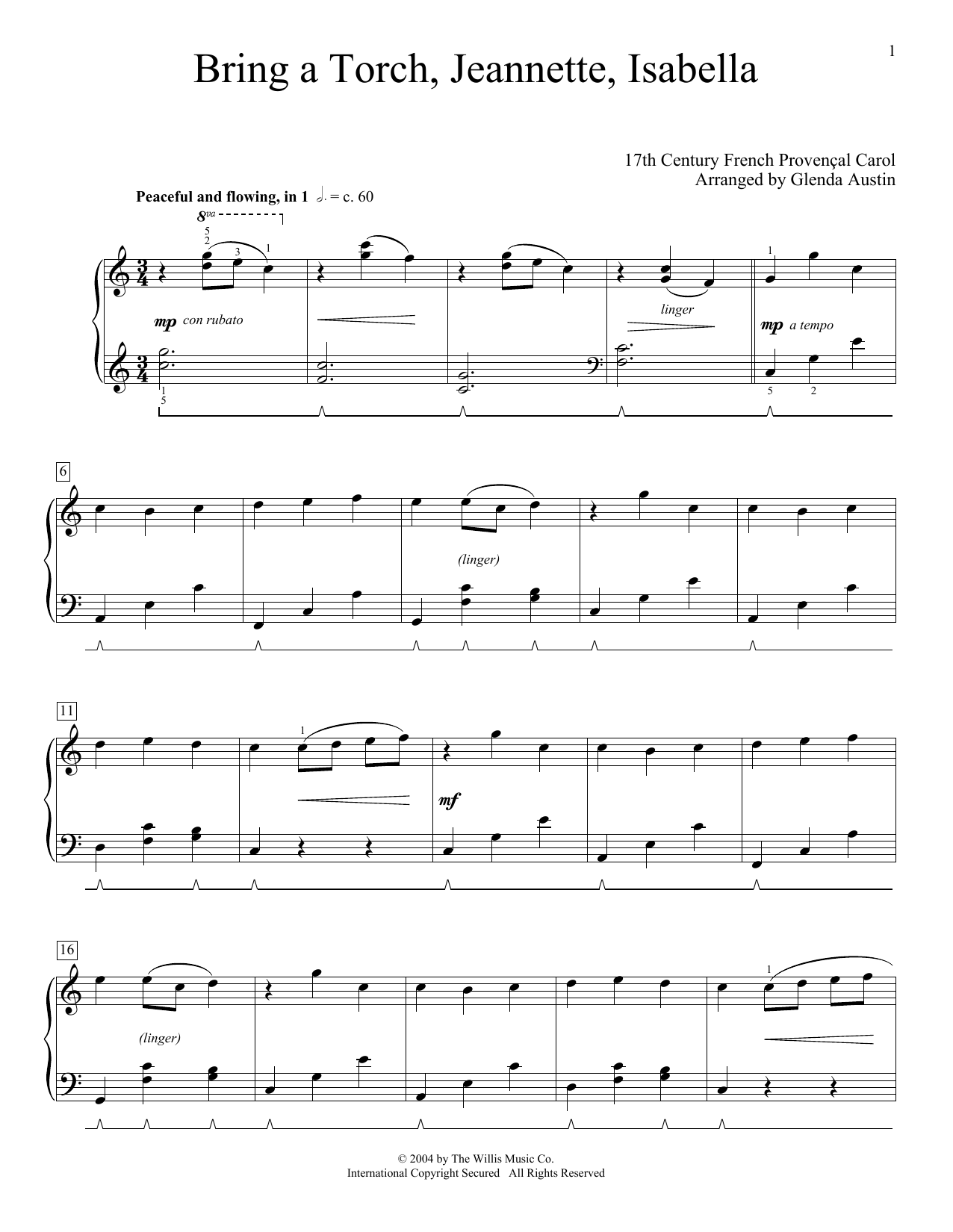 17th Century French Carol Bring A Torch, Jeannette, Isabella (arr. Glenda Austin) sheet music notes and chords arranged for Piano Solo