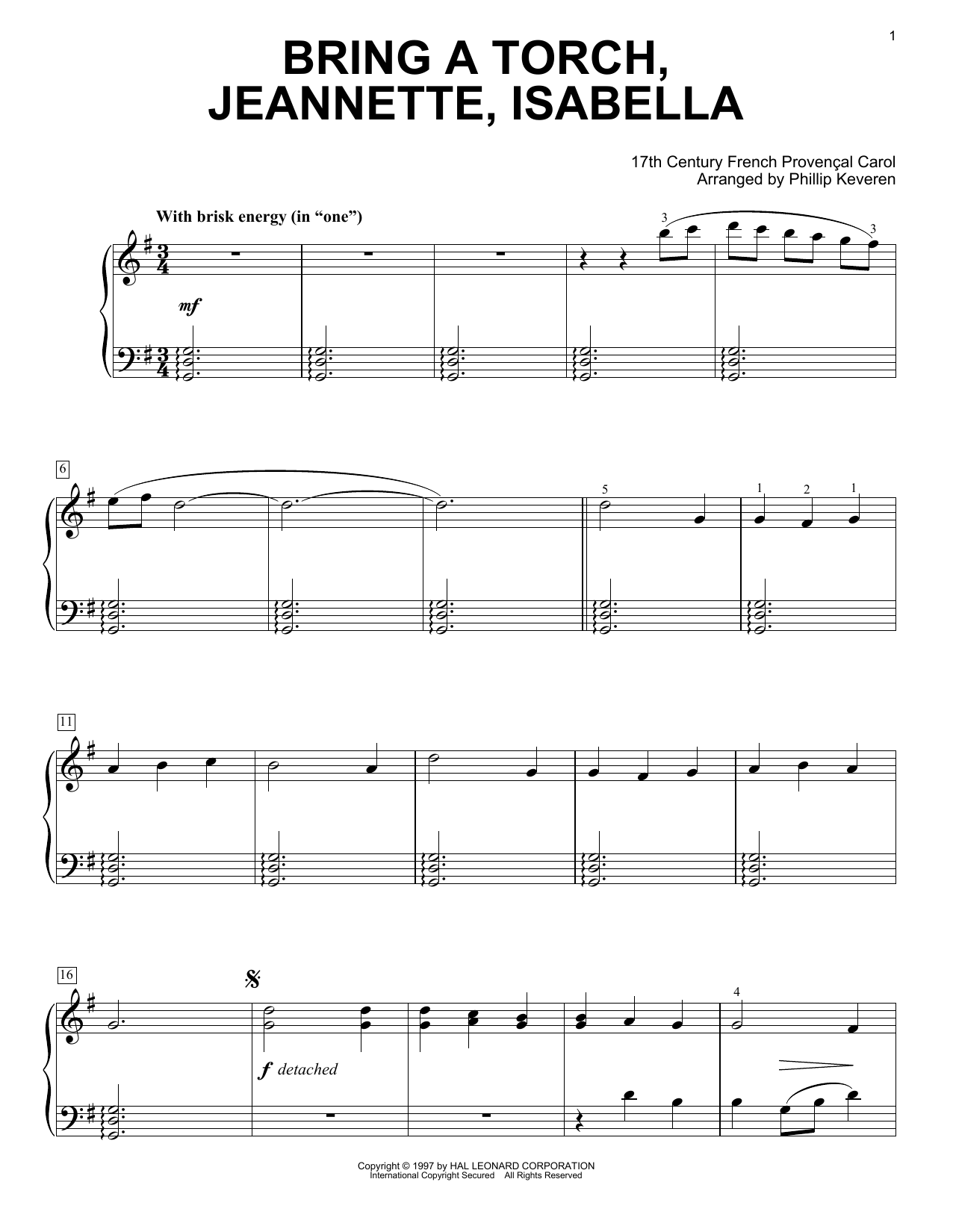 17th Century French Carol Bring A Torch, Jeannette, Isabella (arr. Phillip Keveren) sheet music notes and chords arranged for Easy Piano Solo