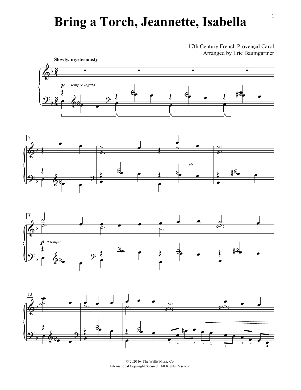 17th Century French Carol Bring A Torch, Jeannette, Isabella [Jazz version] (arr. Eric Baumgartner) sheet music notes and chords arranged for Educational Piano