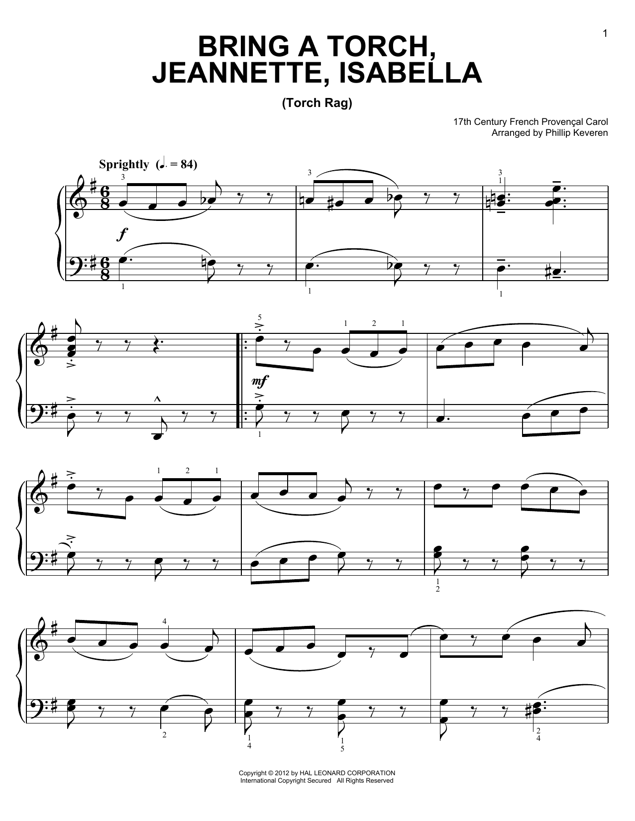 17th Century French Carol Bring A Torch, Jeannette, Isabella [Ragtime version] (arr. Phillip Keveren) sheet music notes and chords arranged for Easy Piano