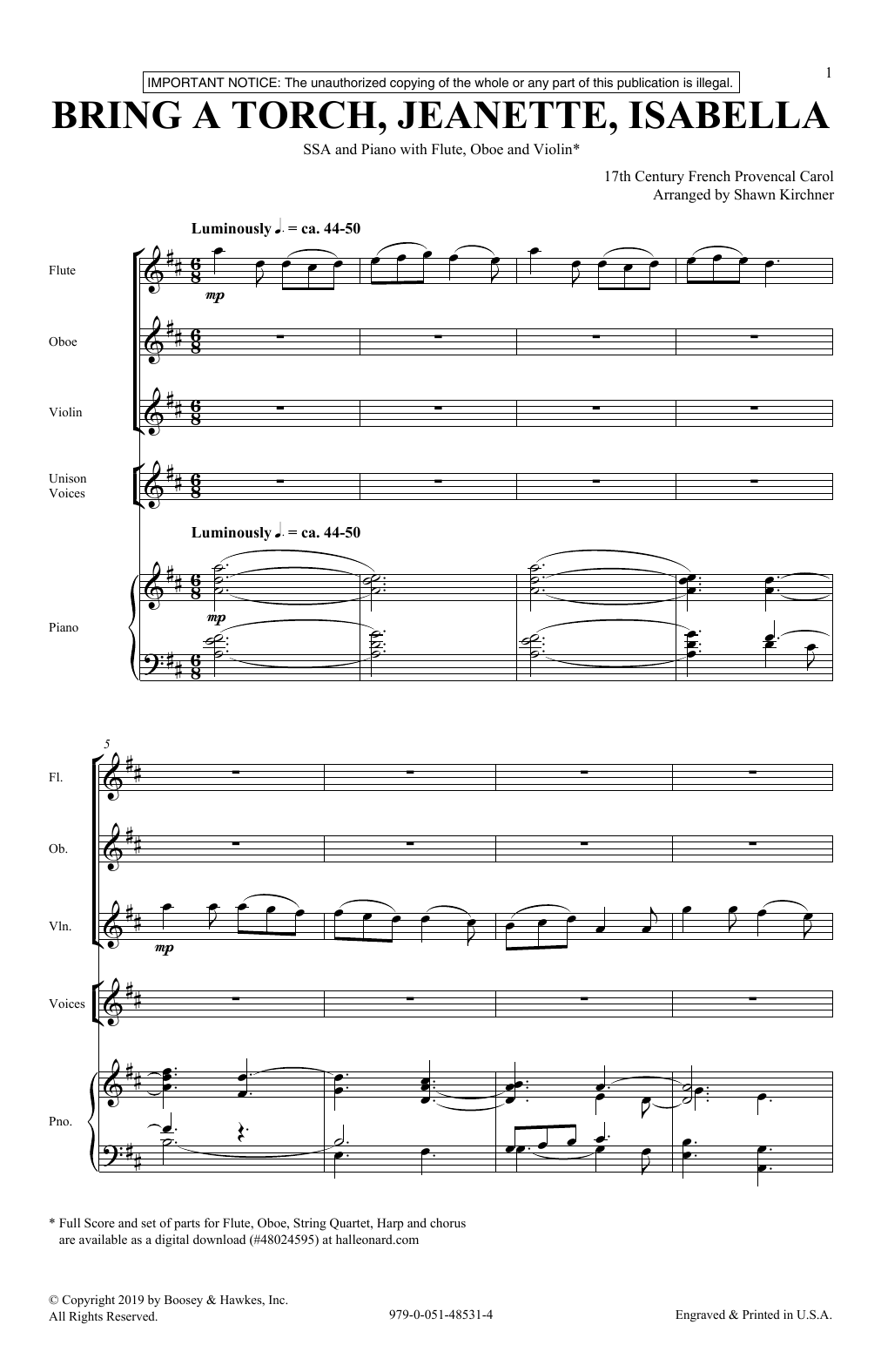 17th Century French Provencal Bring A Torch, Jeannette, Isabella (arr. Shawn Kirchner) sheet music notes and chords arranged for SSA Choir