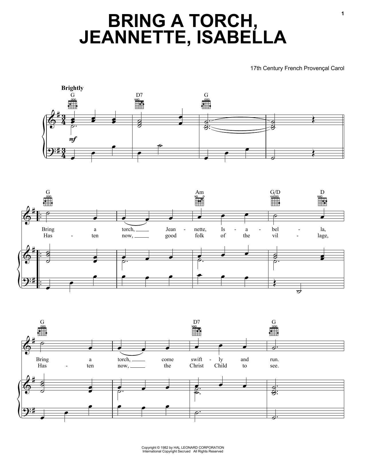 17th Century French Carol Bring A Torch, Jeannette Isabella sheet music notes and chords. Download Printable PDF.