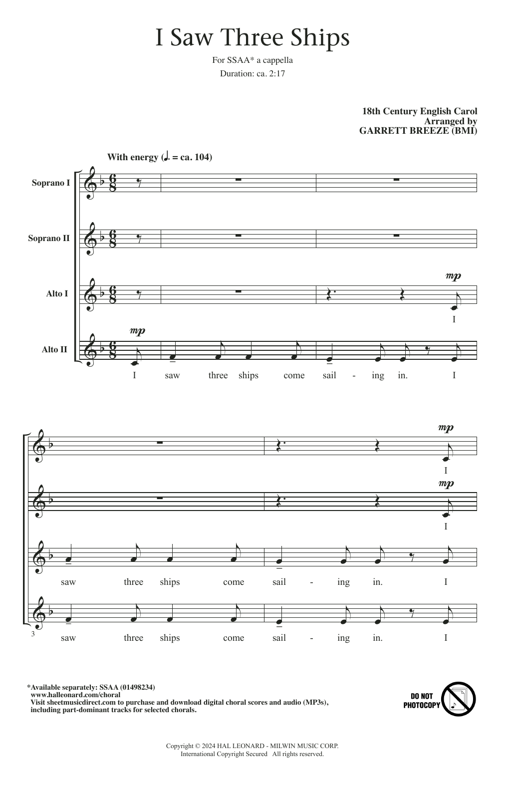 18th Century English Carol I Saw Three Ships (arr. Garrett Breeze) sheet music notes and chords arranged for SSAA Choir