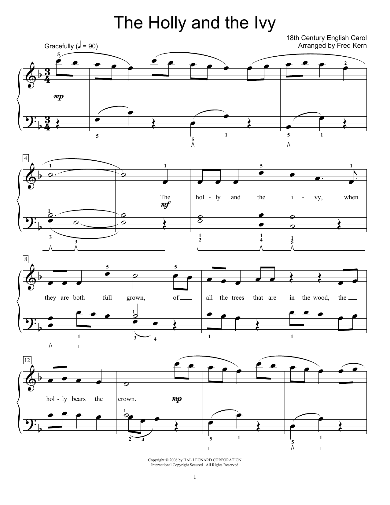 18th Century English Carol The Holly And The Ivy (arr. Fred Kern) sheet music notes and chords arranged for Educational Piano