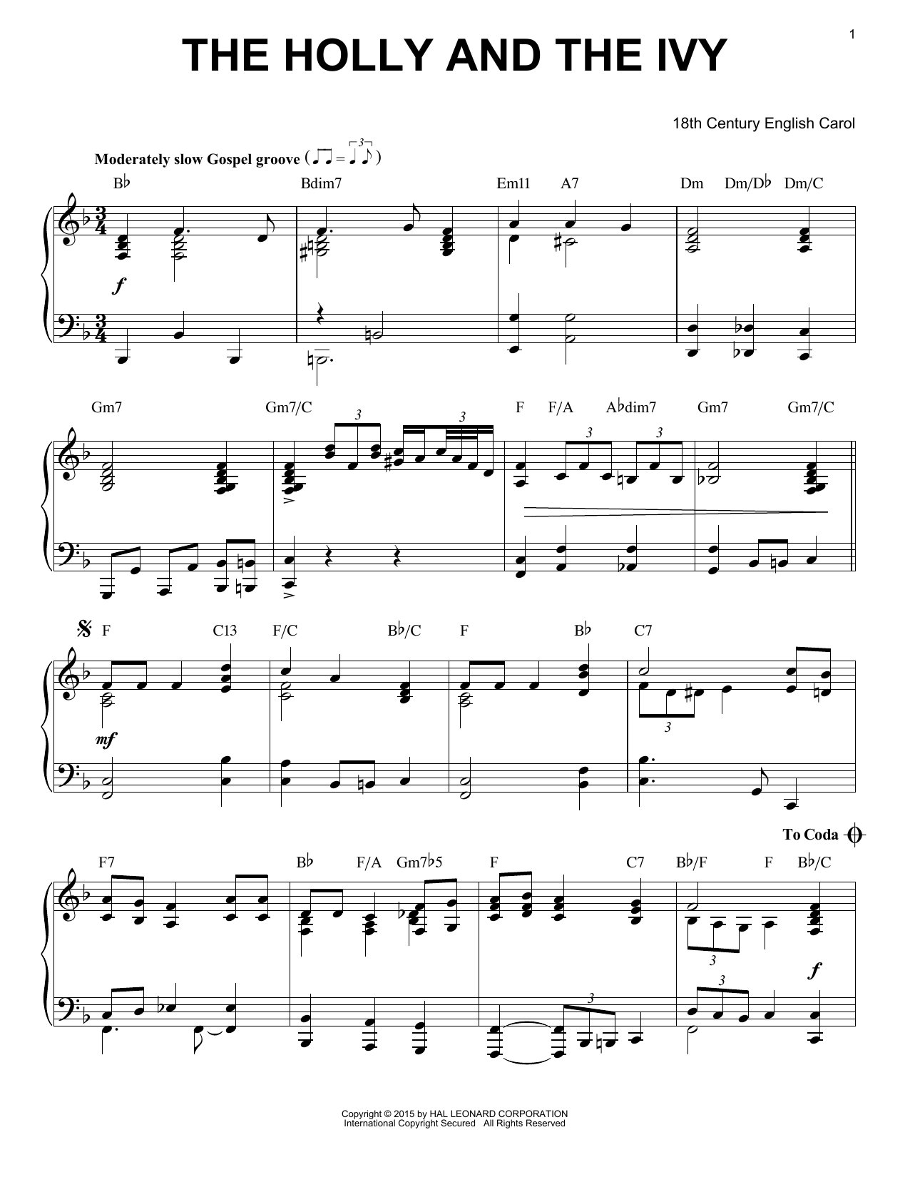 18th Century English Carol The Holly And The Ivy [Jazz version] (arr. Brent Edstrom) sheet music notes and chords arranged for Piano Solo
