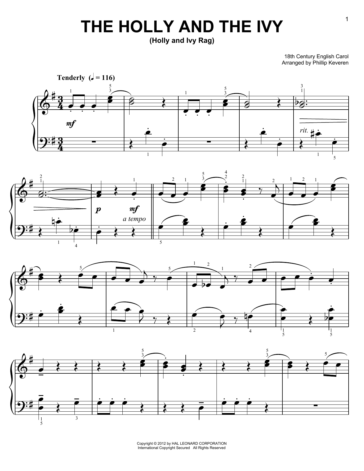 18th Century English Carol The Holly And The Ivy [Ragtime version] (arr. Phillip Keveren) sheet music notes and chords arranged for Easy Piano