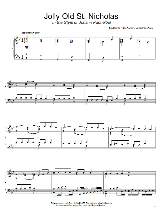 19th Century American Carol Jolly Old St. Nicholas (in the style of Johann Pachelbel) (arr. David Pearl) sheet music notes and chords arranged for Piano Solo