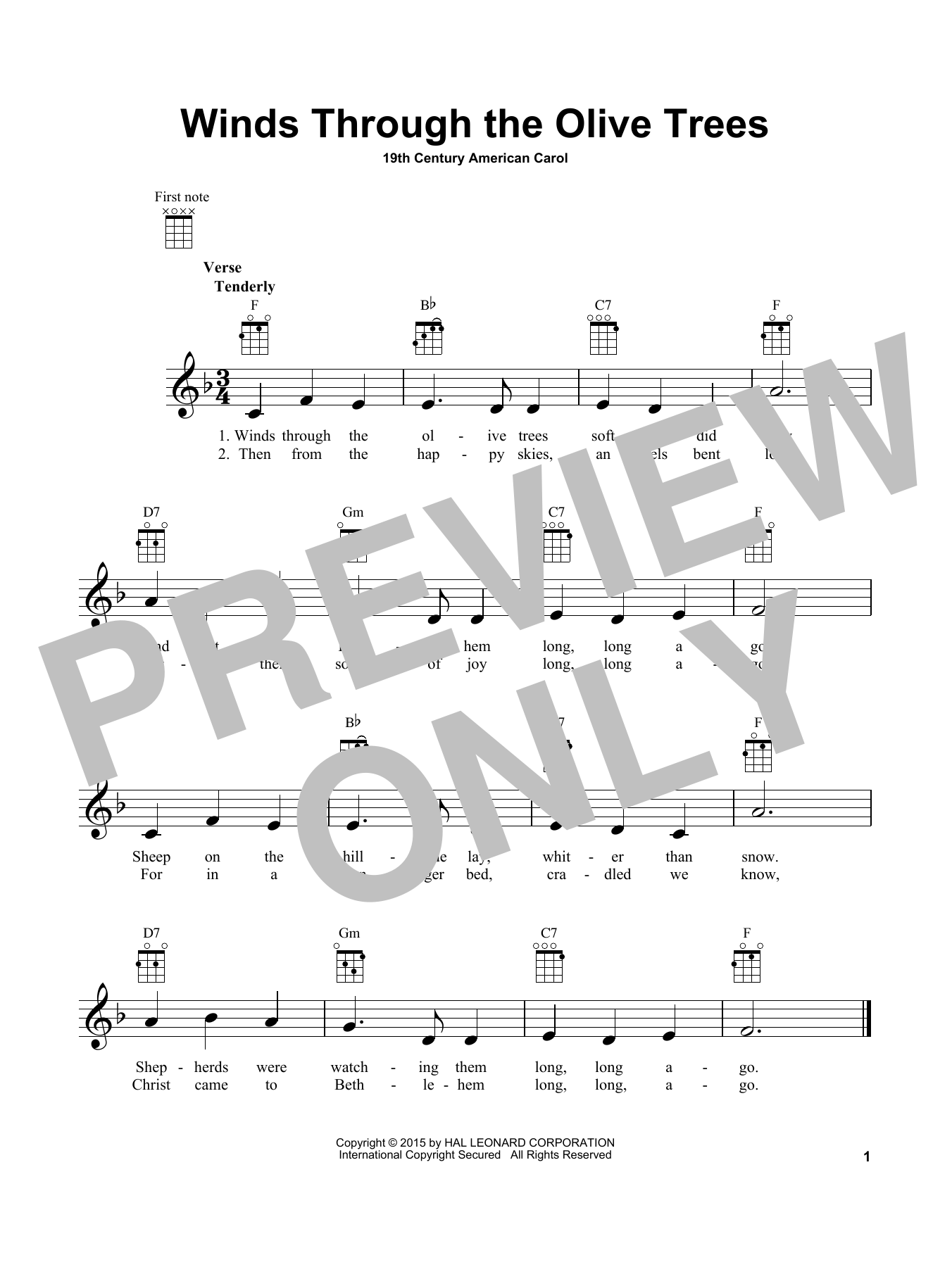 19th Century American Carol Winds Through The Olive Trees sheet music notes and chords arranged for Ukulele