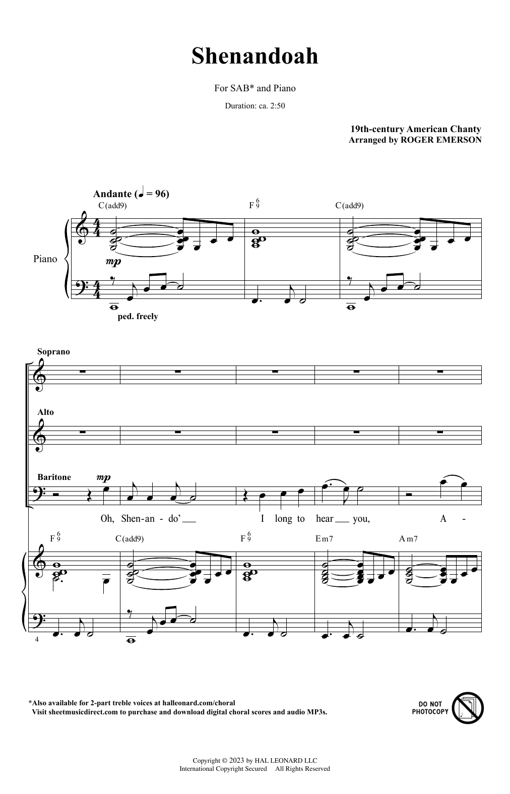 19th Century American Chanty Shenandoah (arr. Roger Emerson) sheet music notes and chords arranged for SAB Choir