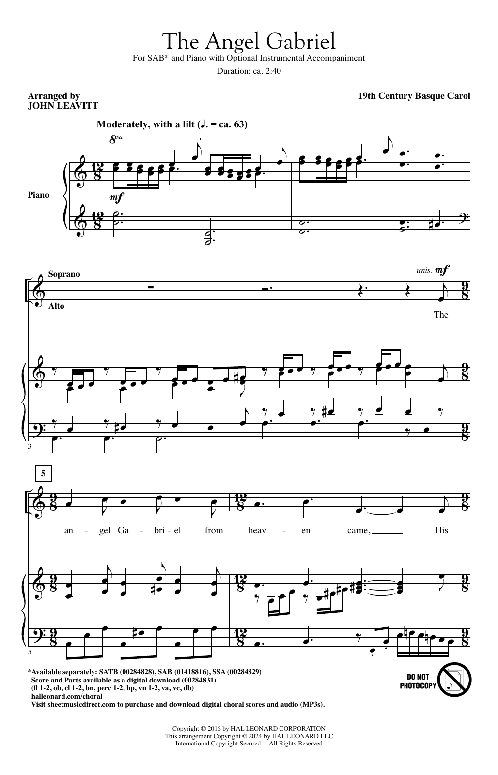 19th Century Basque Carol The Angel Gabriel (arr. John Leavitt) sheet music notes and chords arranged for SAB Choir
