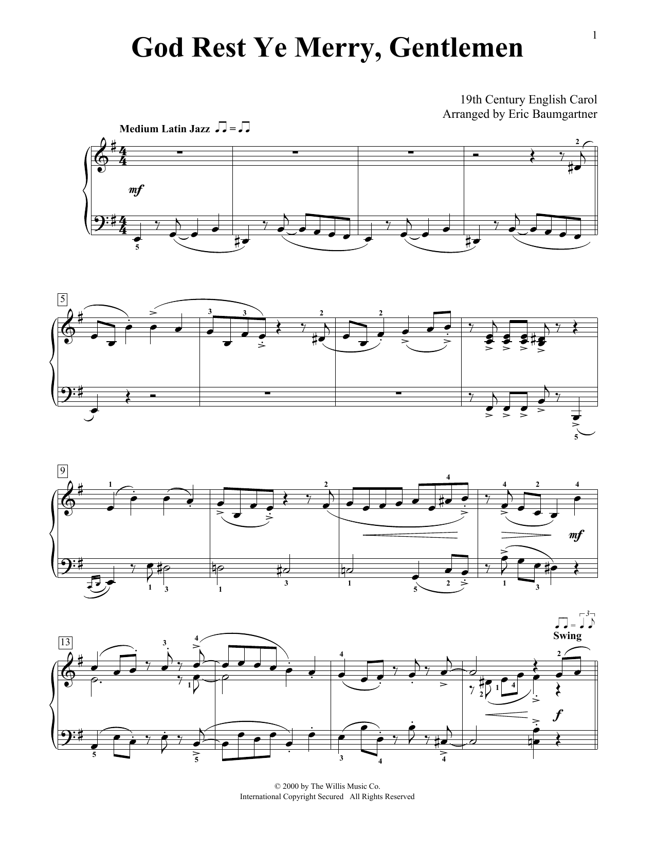 19th Century English Carol God Rest Ye Merry, Gentlemen [Jazz version] (arr. Eric Baumgartner) sheet music notes and chords arranged for Educational Piano