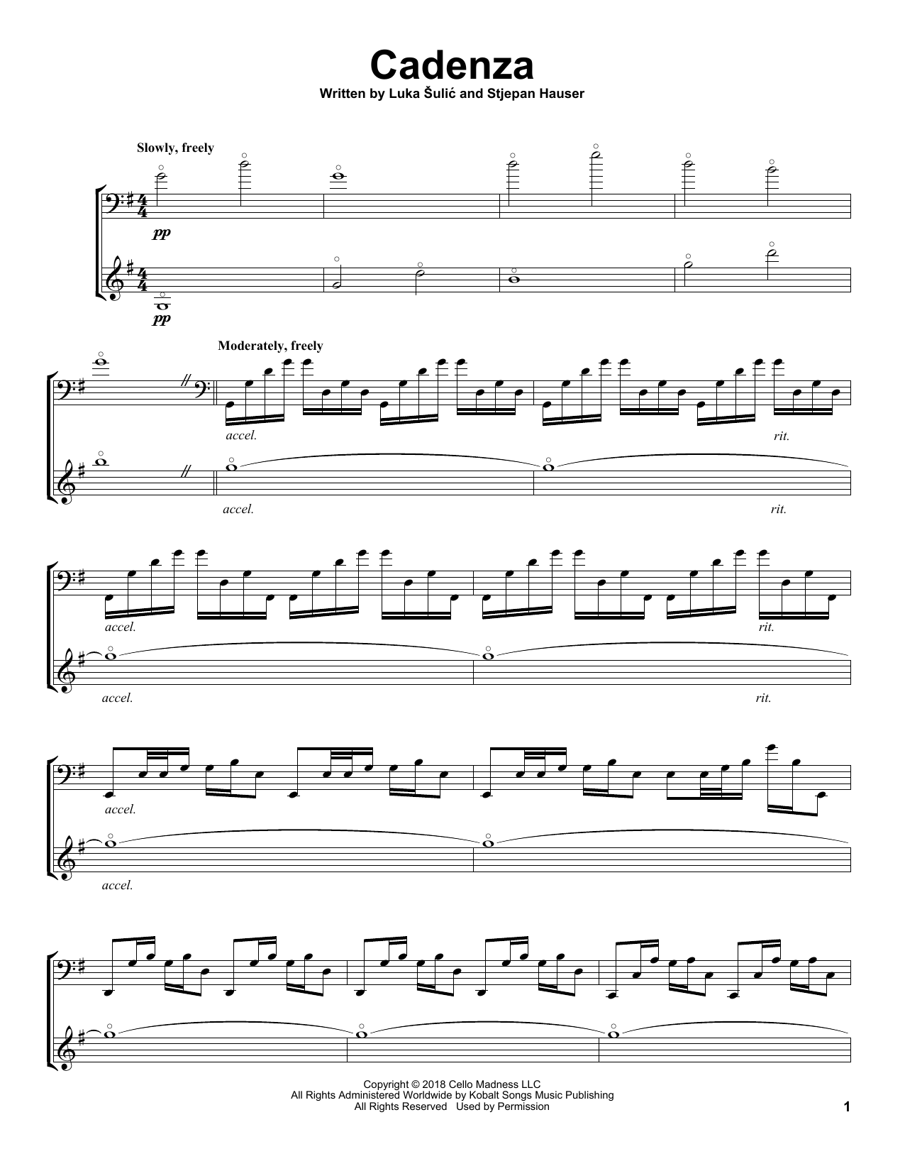 2Cellos Cadenza sheet music notes and chords arranged for Cello Duet