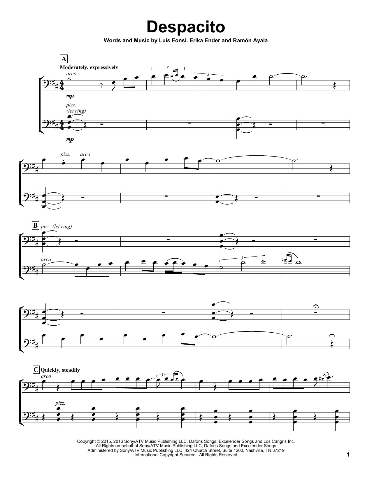 2Cellos Despacito sheet music notes and chords arranged for Cello Duet