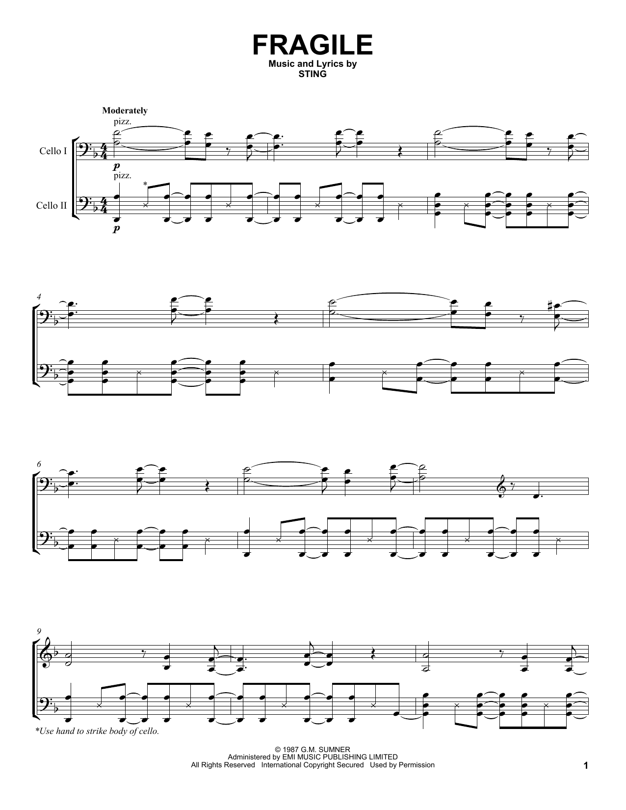 2Cellos Fragile sheet music notes and chords arranged for Cello Duet