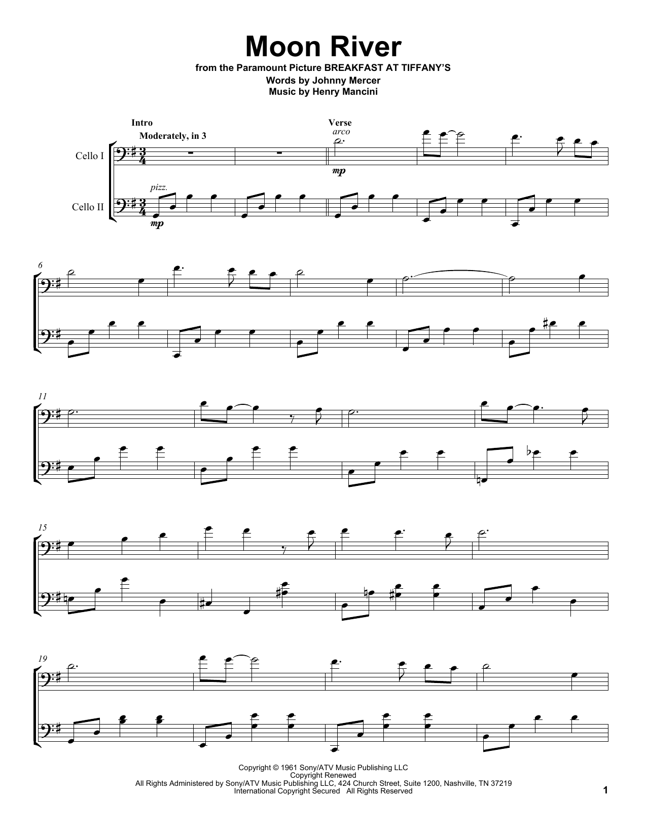 2Cellos Moon River sheet music notes and chords arranged for Cello Duet
